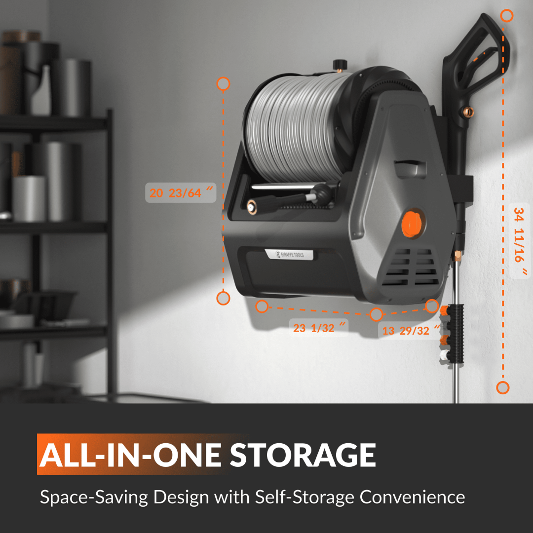 Compact pressure washer with coiled hose reel and orange control button, all-in-one storage