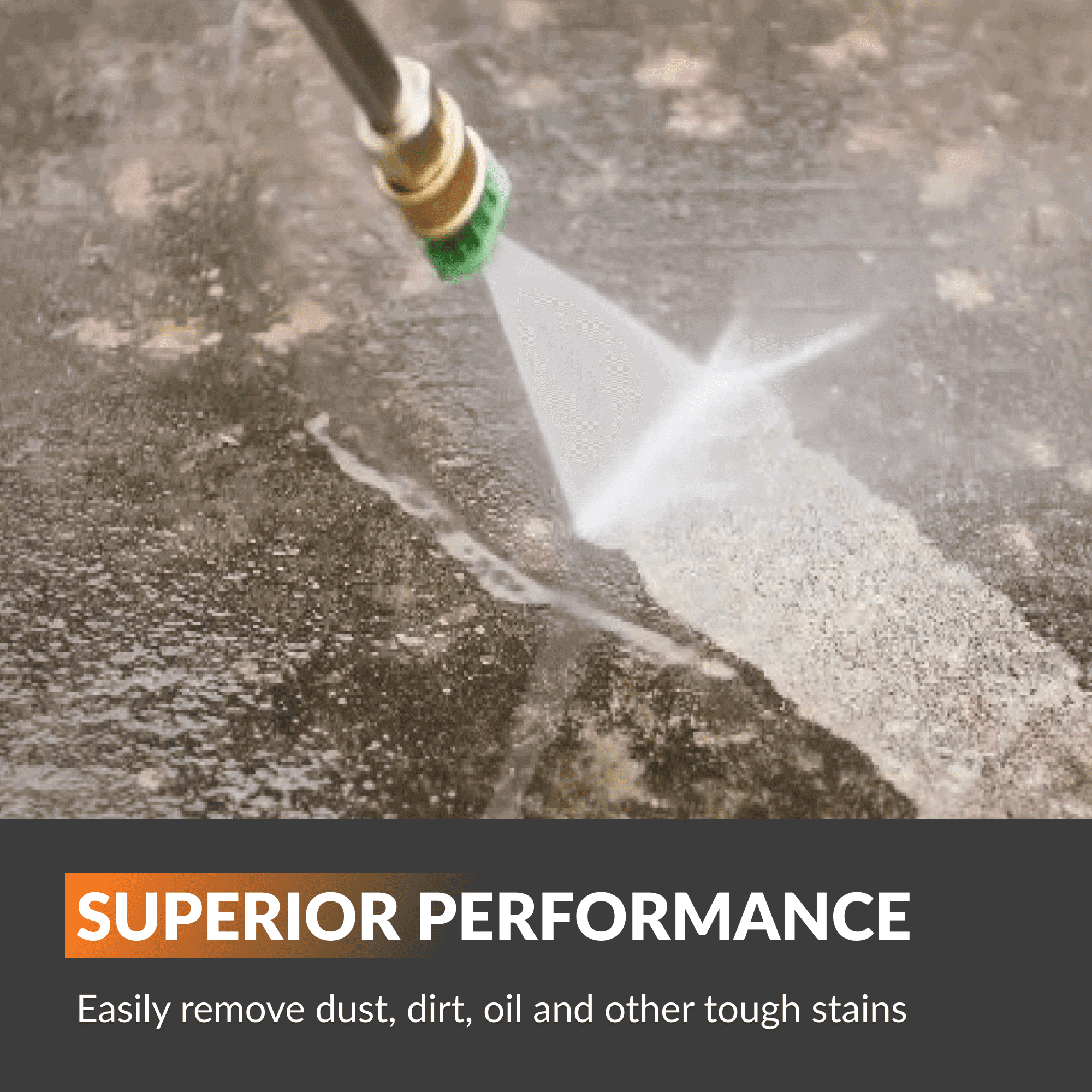 High-pressure washer spray jet rinsing a concrete surface, removing dirt and stains