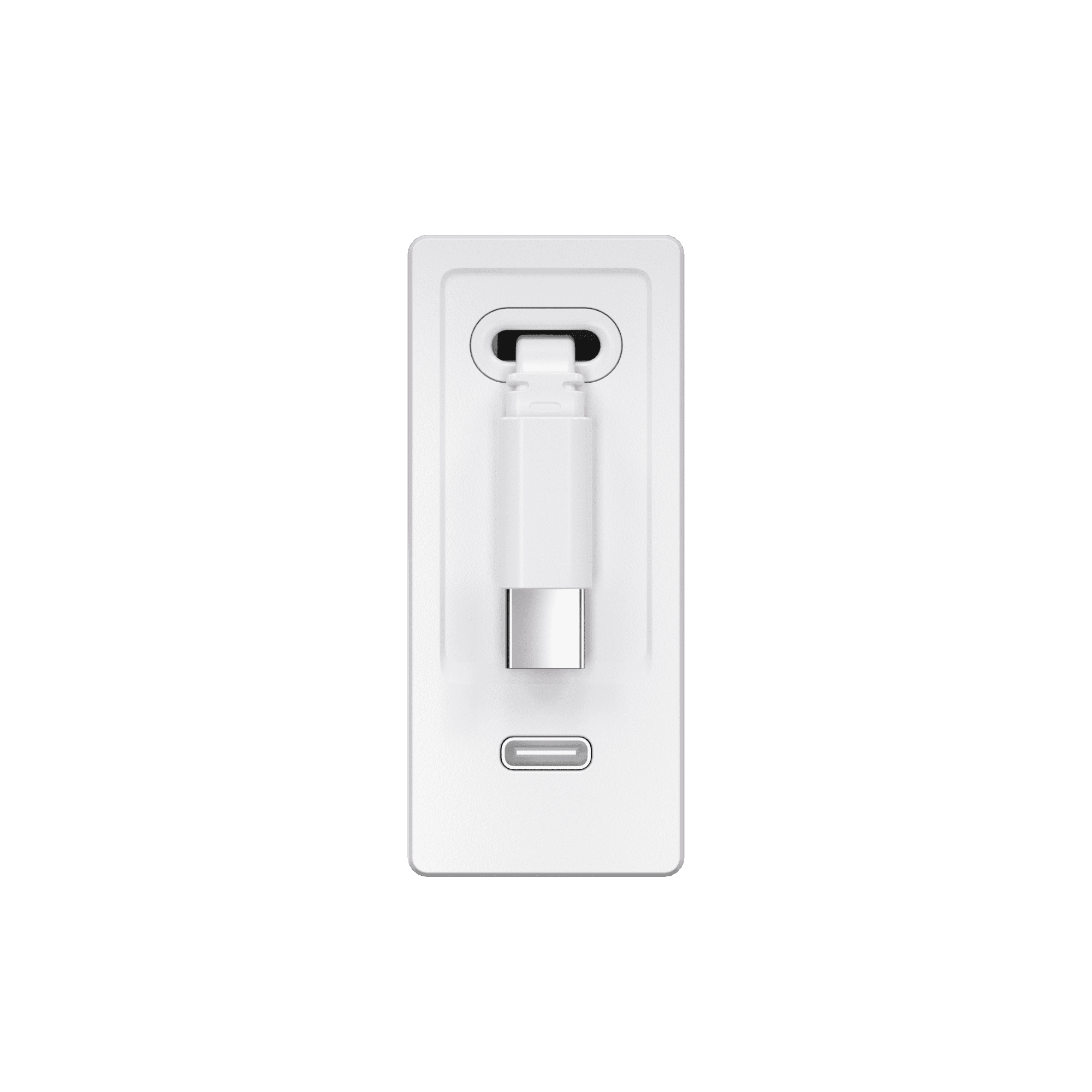 White retractable power charger, front view with cable connector docked.