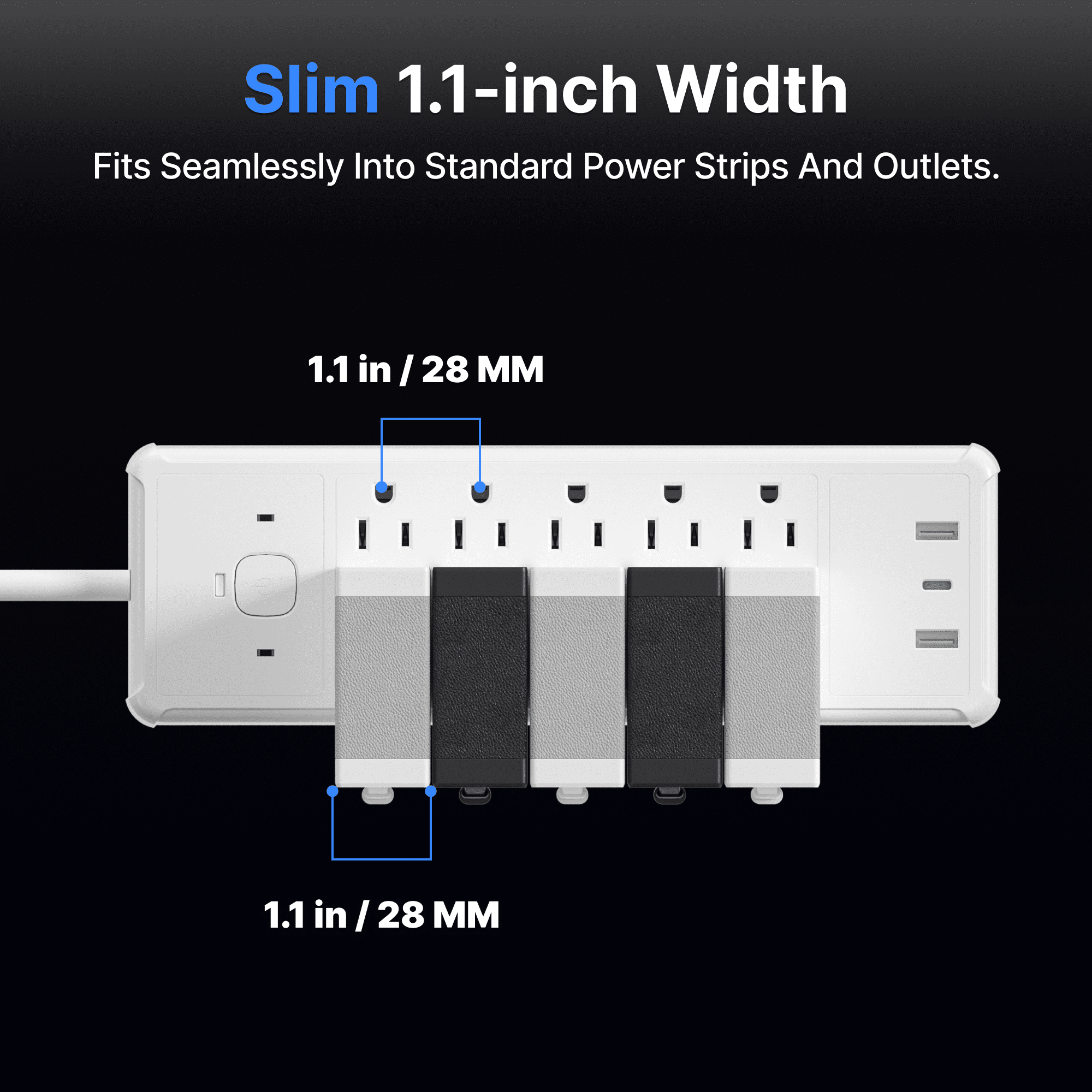 Slim white retractable power charger with plug extended; side view with width dimensions.