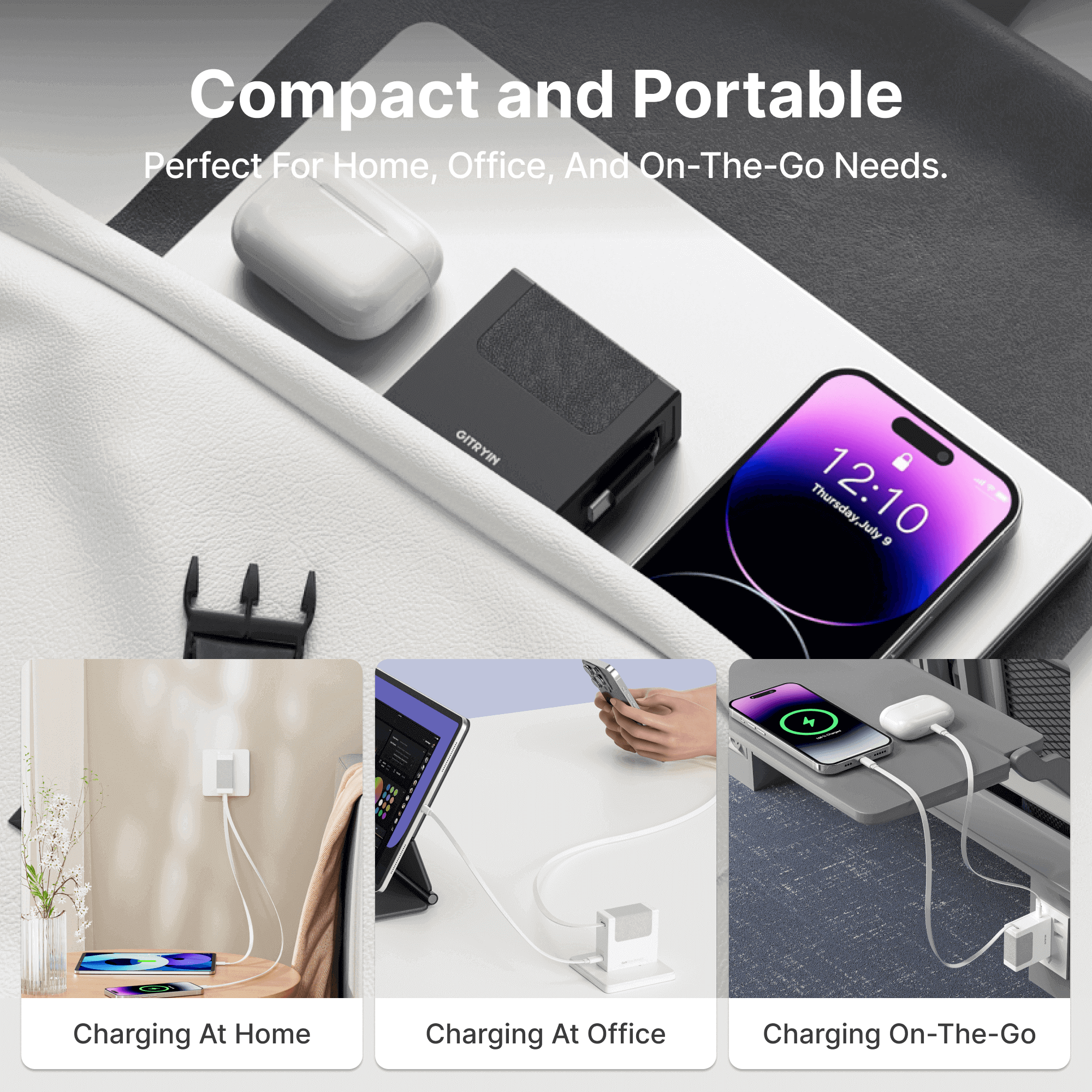 White compact dual-port charger and retractable cable for travel use