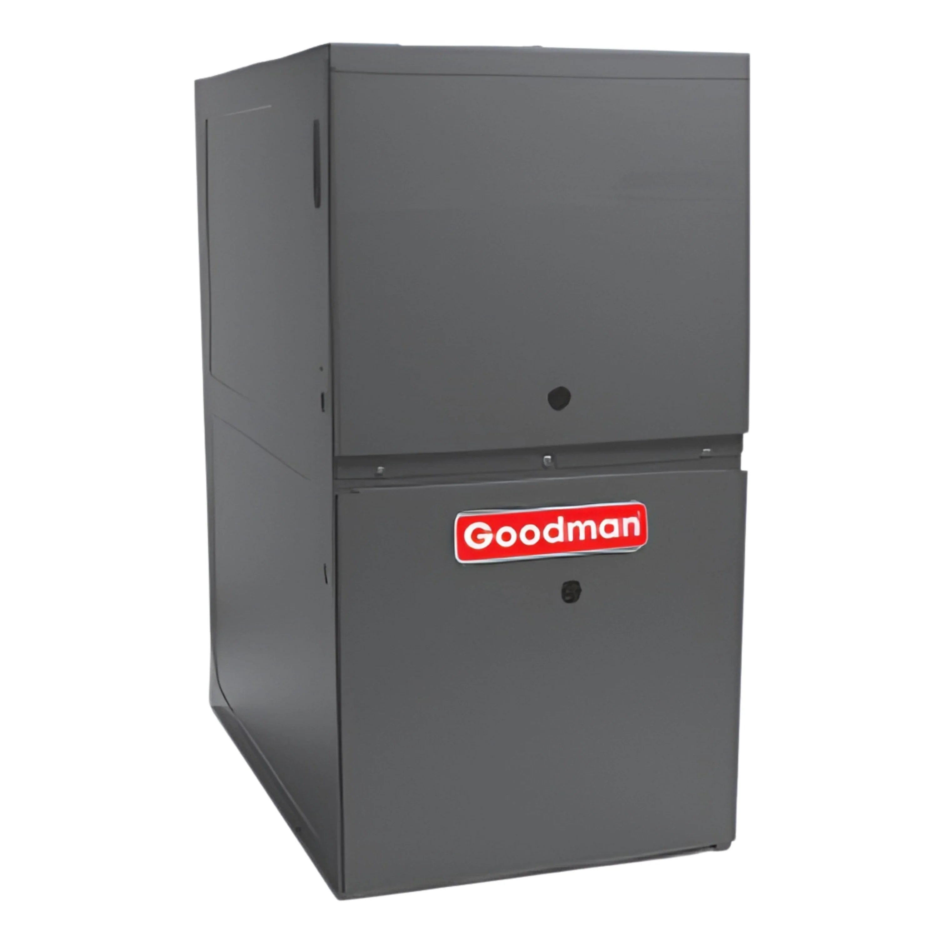 Gray Goodman gas furnace cabinet with red Goodman badge on the front door