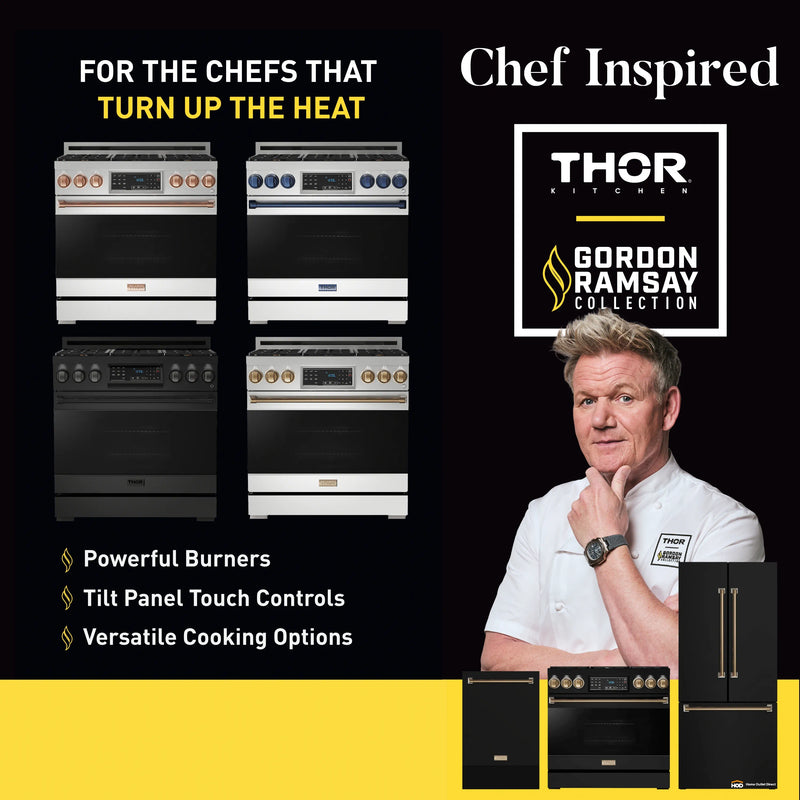 Gordon Ramsay by Thor Kitchen 3-Piece Appliance Package - 36-Inch Propane Gas Range, Tilt Panel, 36-Inch Refrigerator, and Dishwasher in Stainless Steel