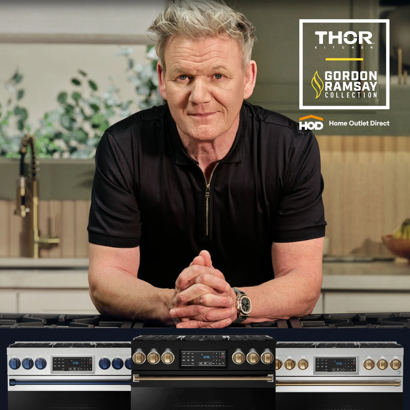 Gordon Ramsay by Thor Kitchen 3-Piece Appliance Package - 30-Inch Propane Gas Range, Tilt Panel, 36-Inch Refrigerator, and Dishwasher in Black