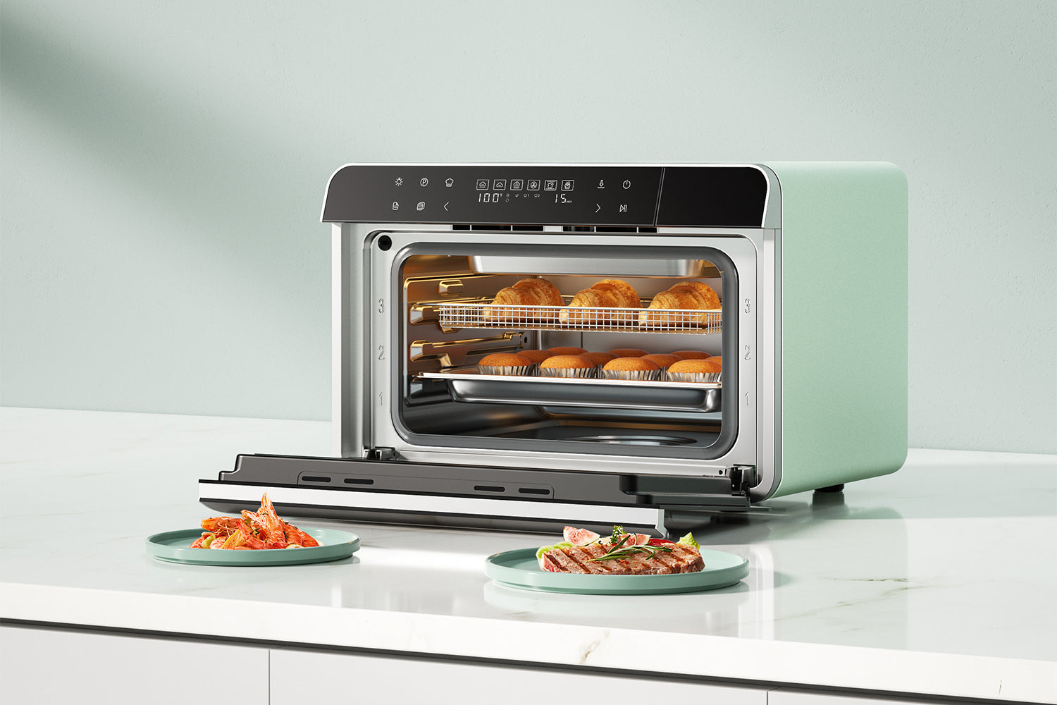 Rectangular tray with baked food in open countertop oven