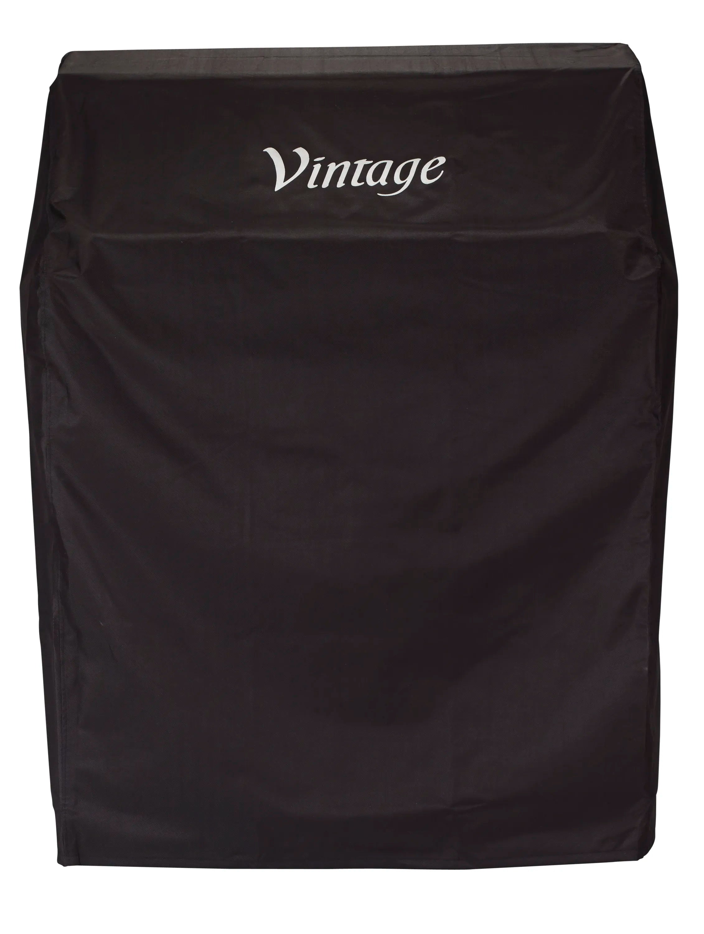 30-inch grill cover on cart, dark fabric with Vintage logo