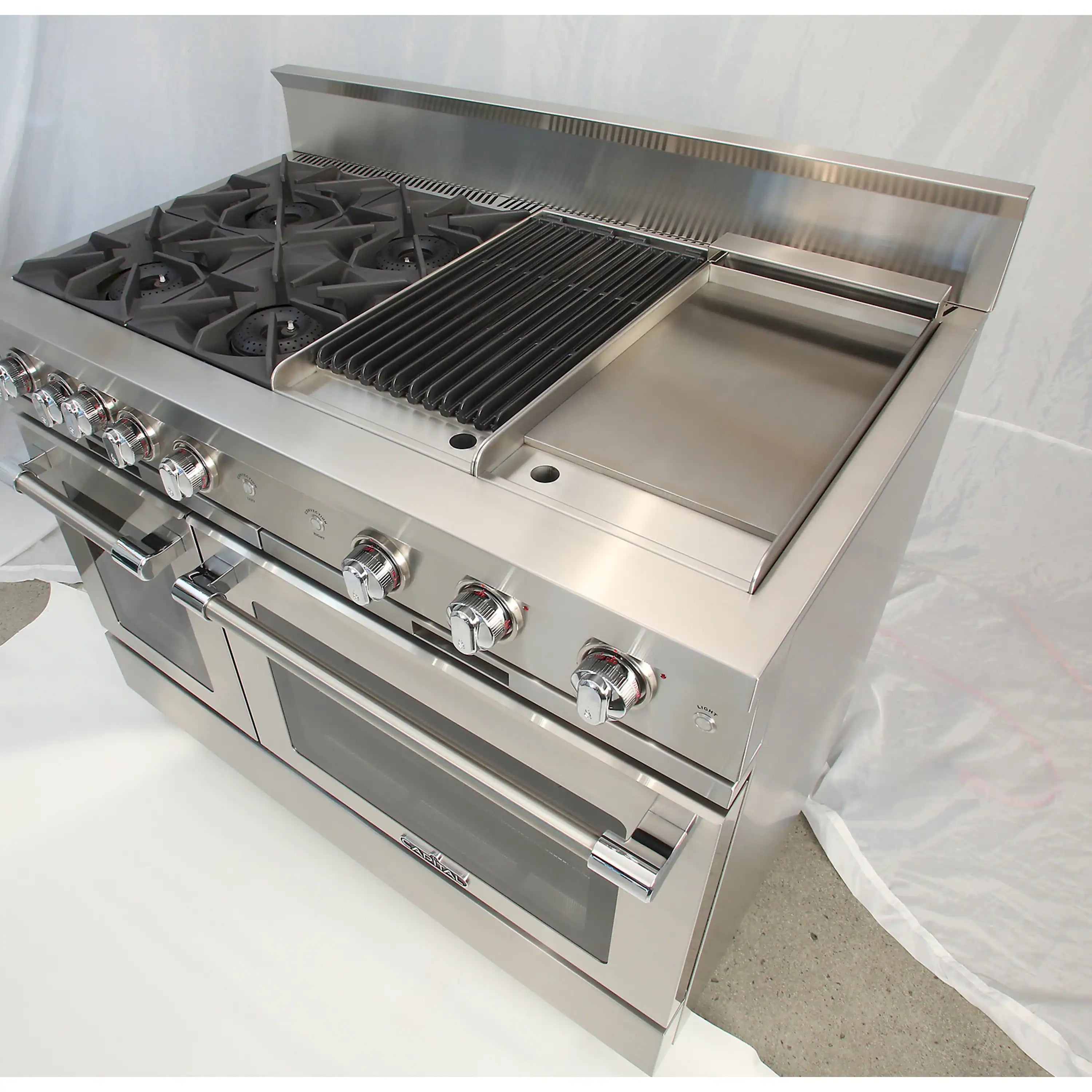 Stainless steel gas range with griddle, grill, and four open burners