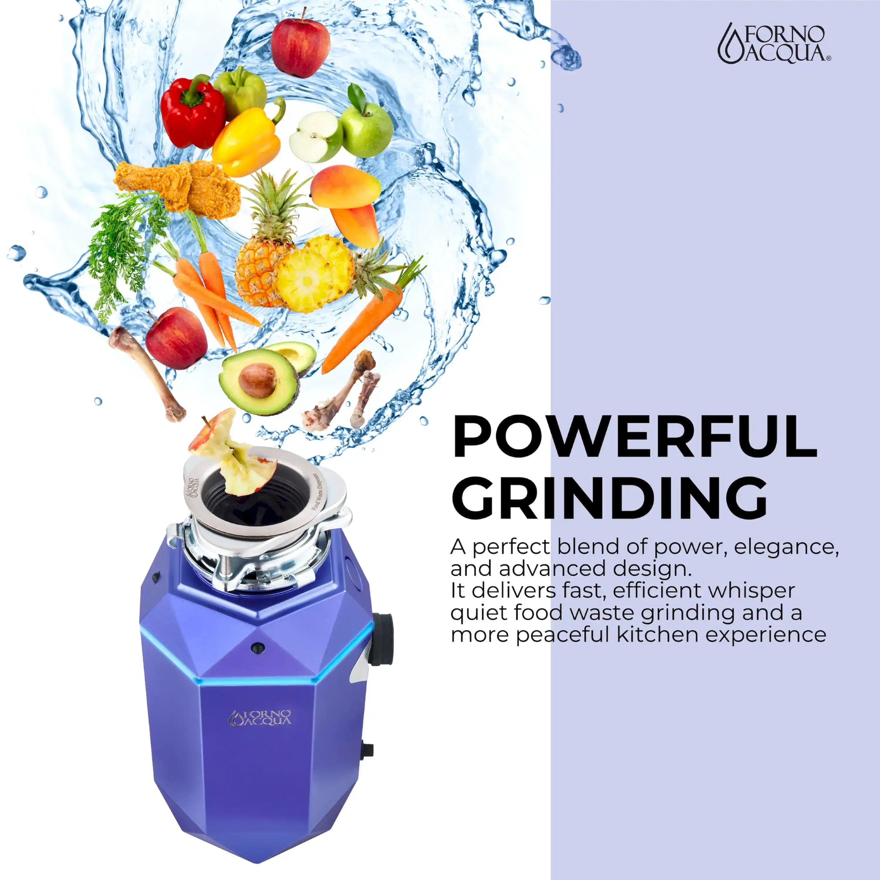 Amethyst purple garbage disposal with water and food waste, showing grinding outlet.