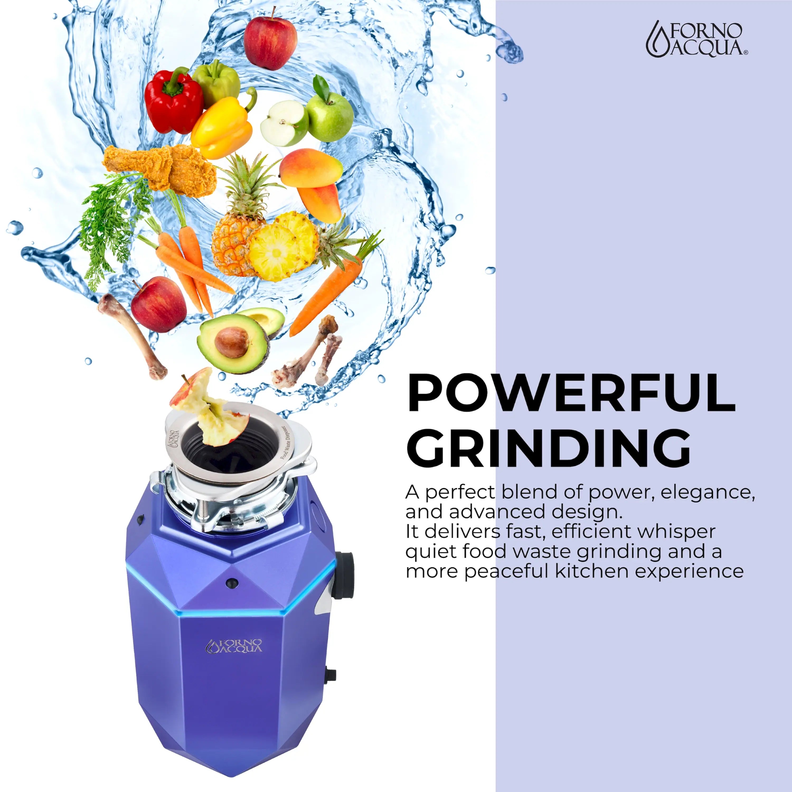 Purple garbage disposal unit with grinding chamber and removable splash guard