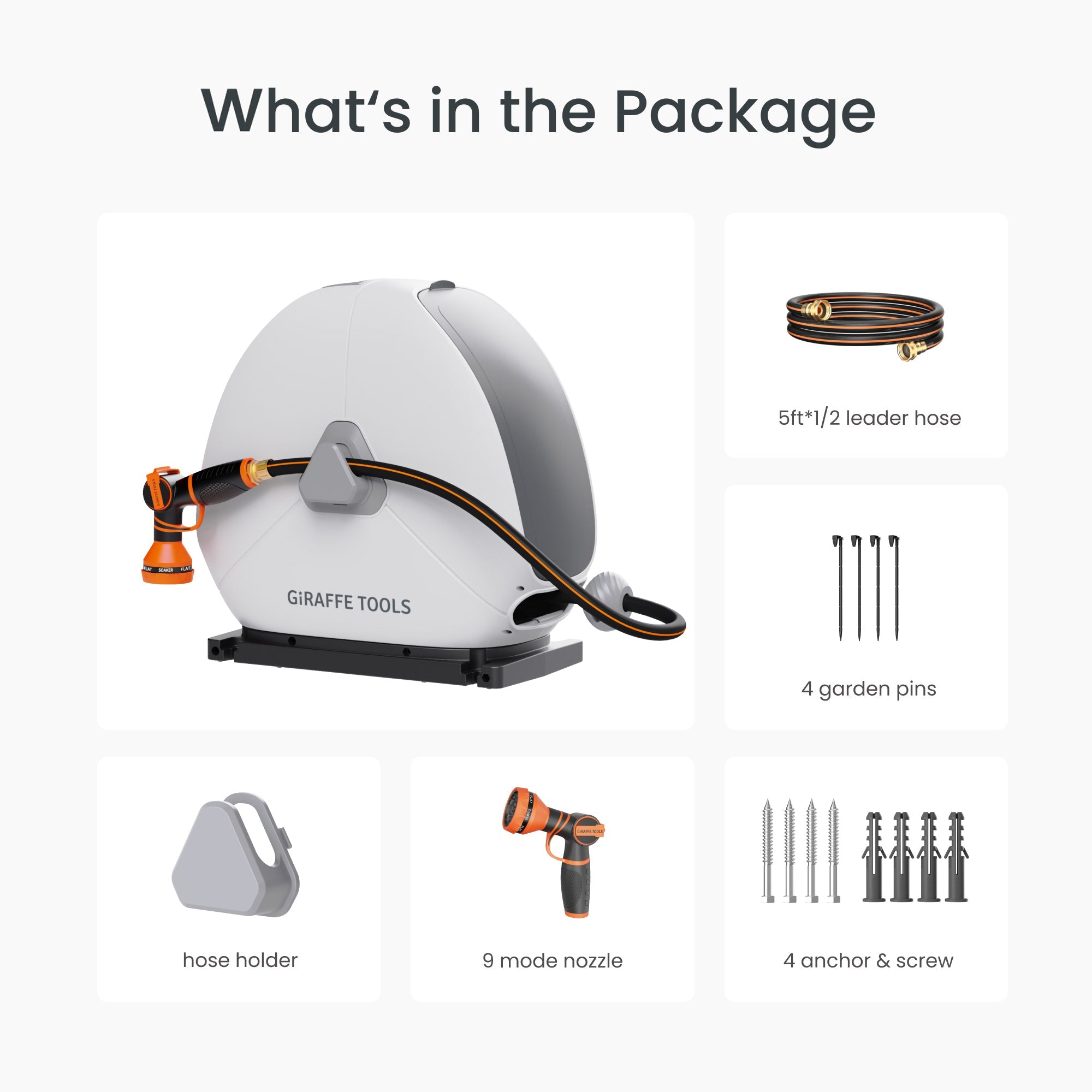 Package contents: retractable hose reel, orange nozzle, hose, garden pins, and anchor screws