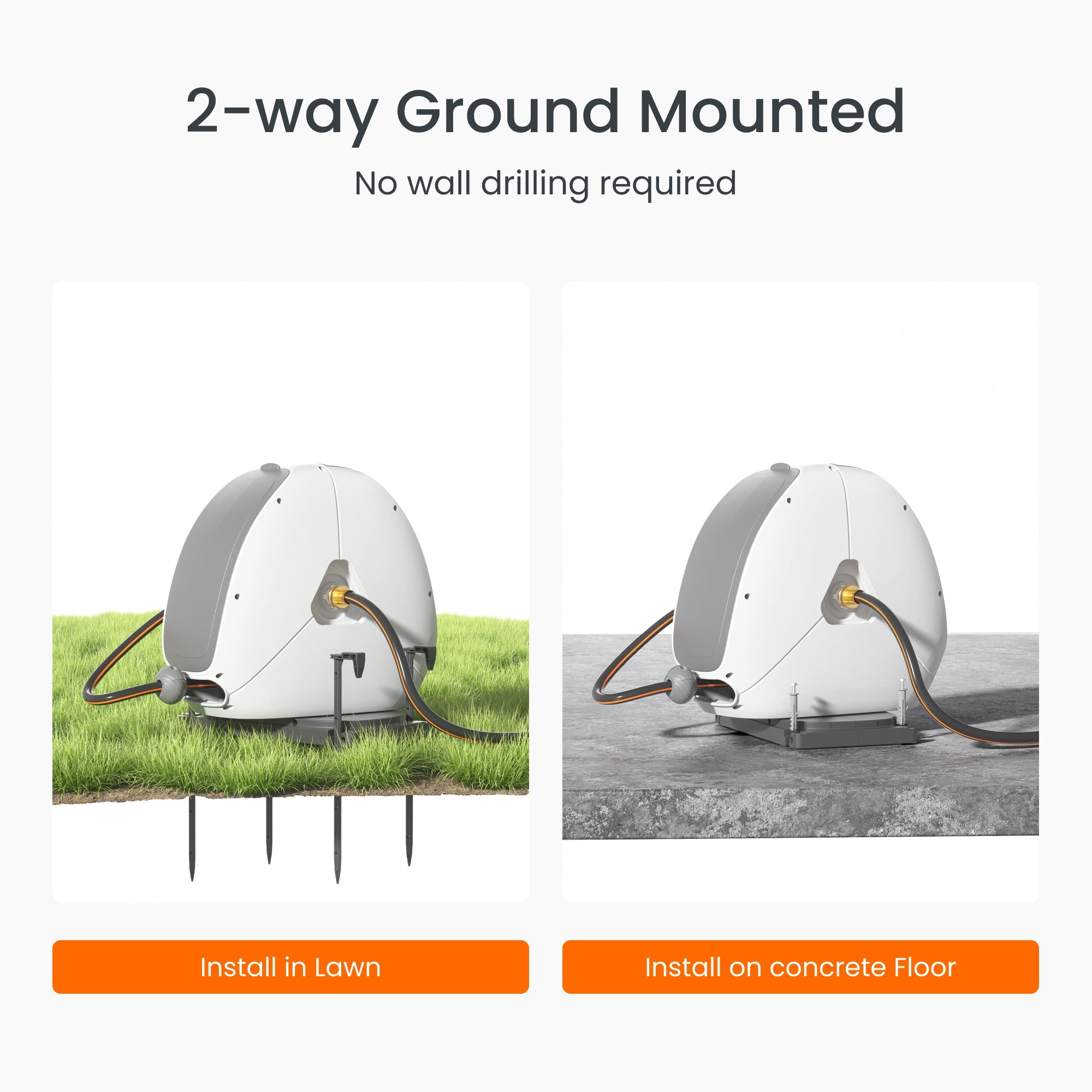 2-way ground-mounted retractable hose reel for lawn stakes and concrete anchoring