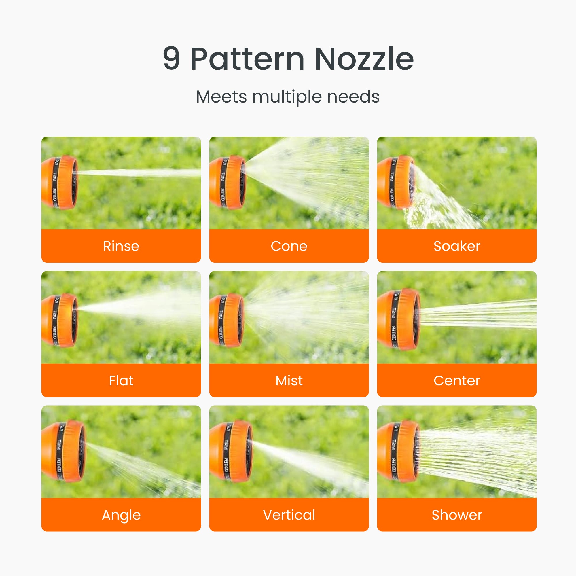 Orange 9-pattern garden nozzle with multiple spray styles shown in a grid