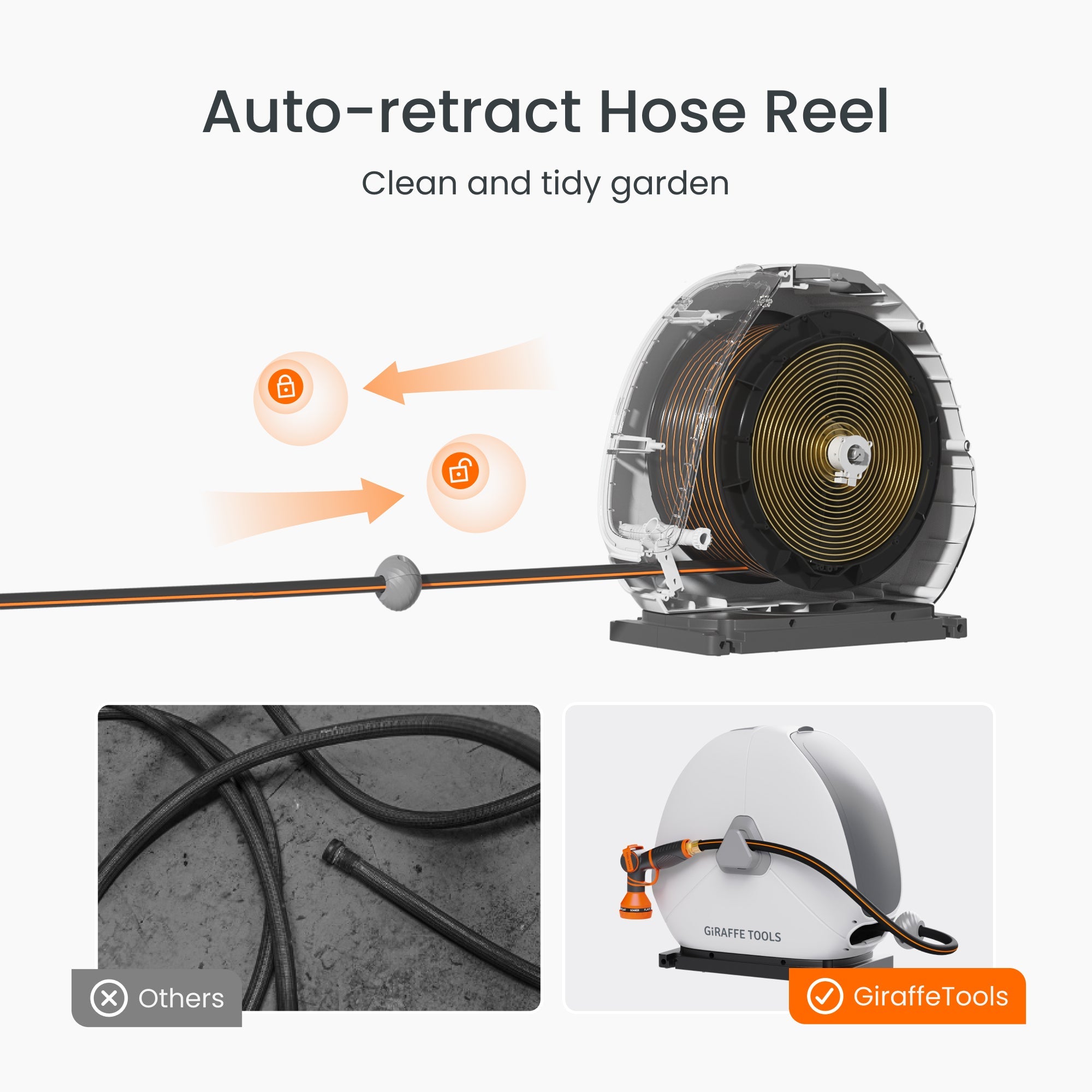 Auto-retract hose reel cutaway diagram showing coiled hose and retraction arrows