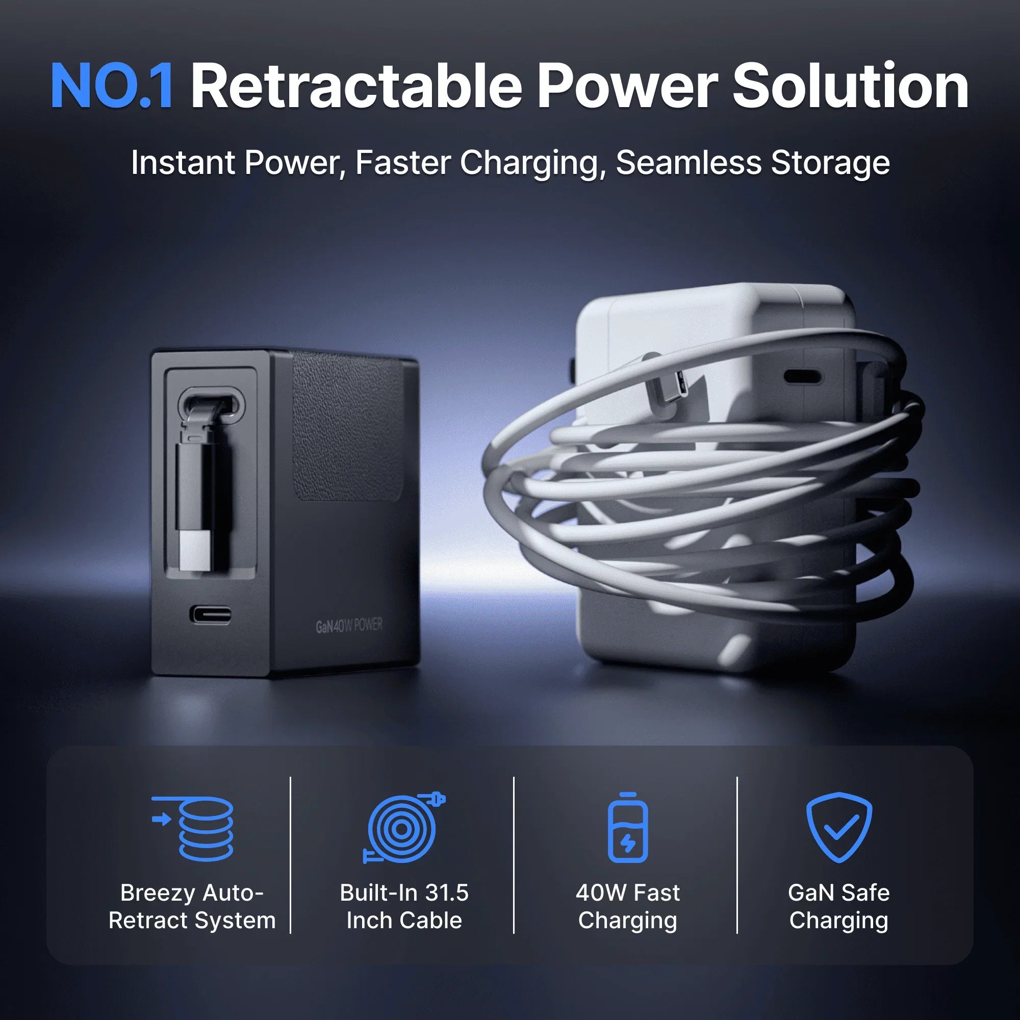 Retractable power charger shown with built-in cable, compact GaN design