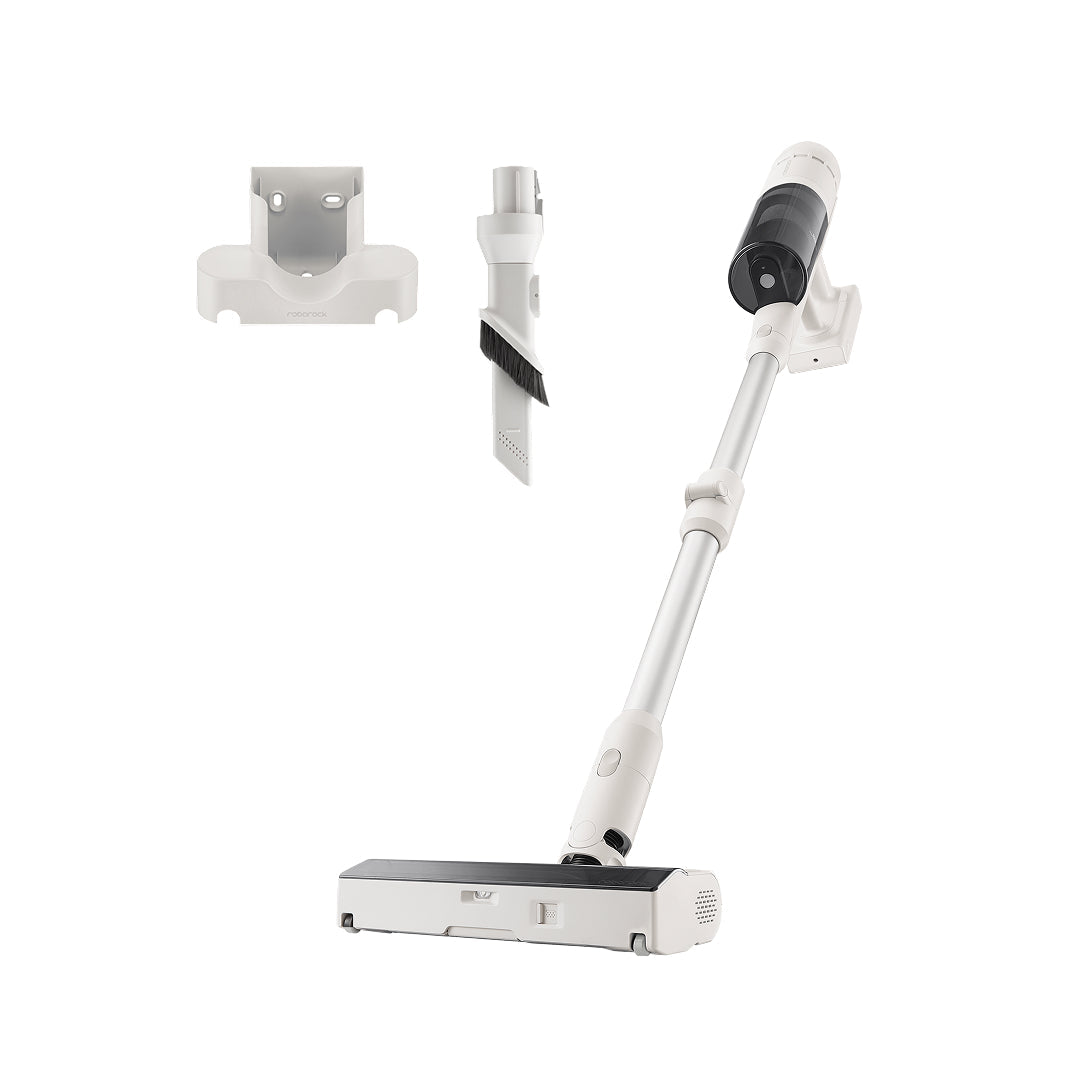 Cordless stick vacuum with white wand, floor nozzle, and bendable handle joint