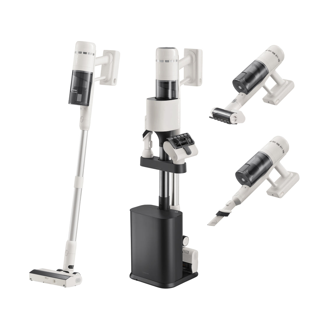 Roborock cordless stick vacuum with auto-empty dock and white floor nozzle attachments