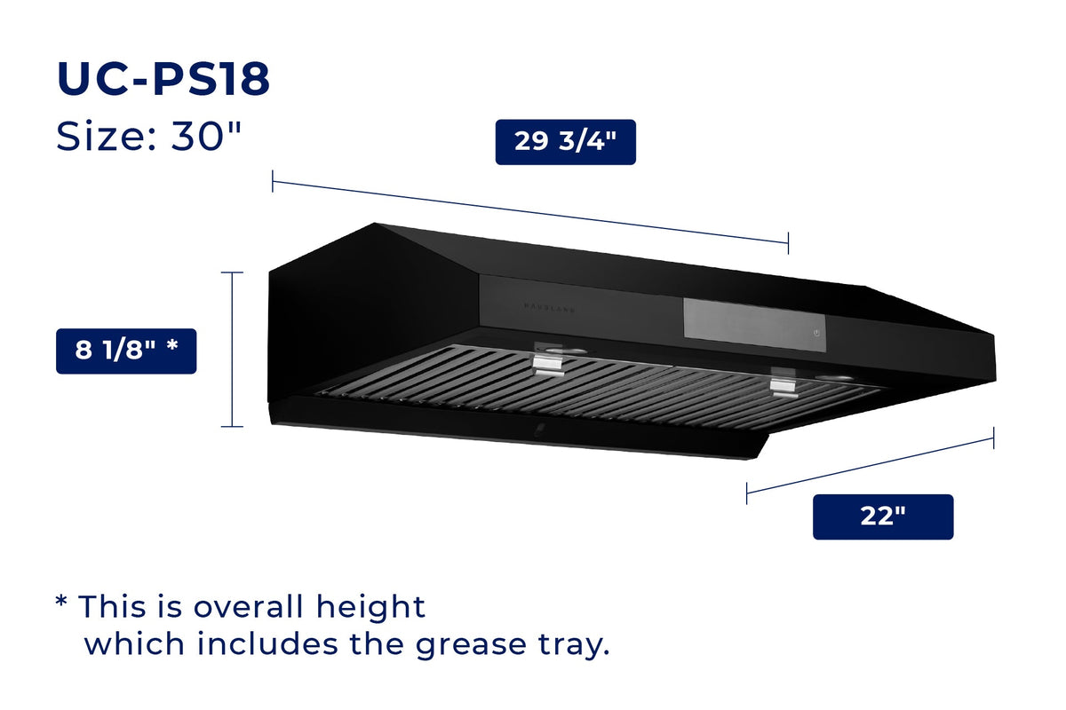 Matte black under-cabinet ducted range hood with baffle filter and underside grates