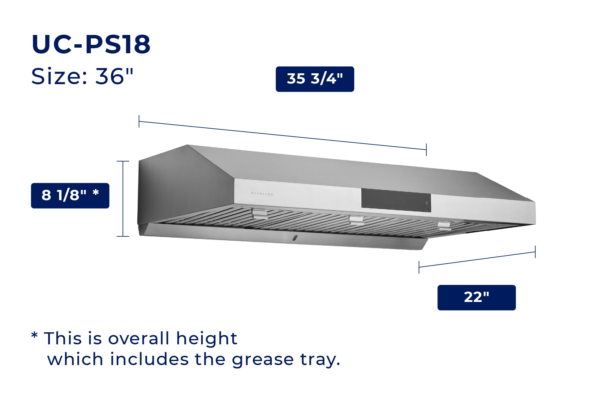 Under-cabinet range hood UC-PS18 dimensions diagram, size 36" and 22" height