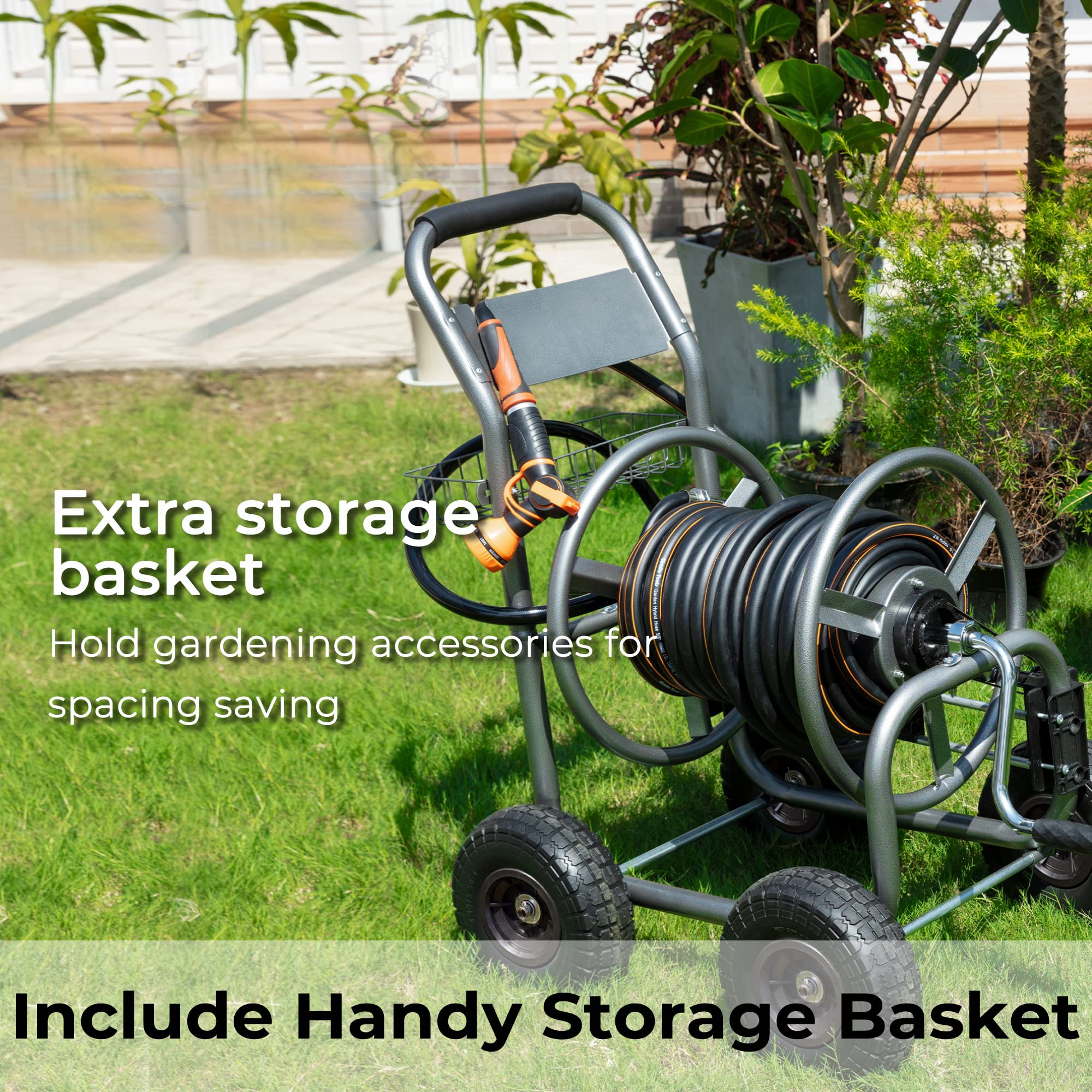 Hose reel cart with extra storage basket and black coiled hose on four wheels