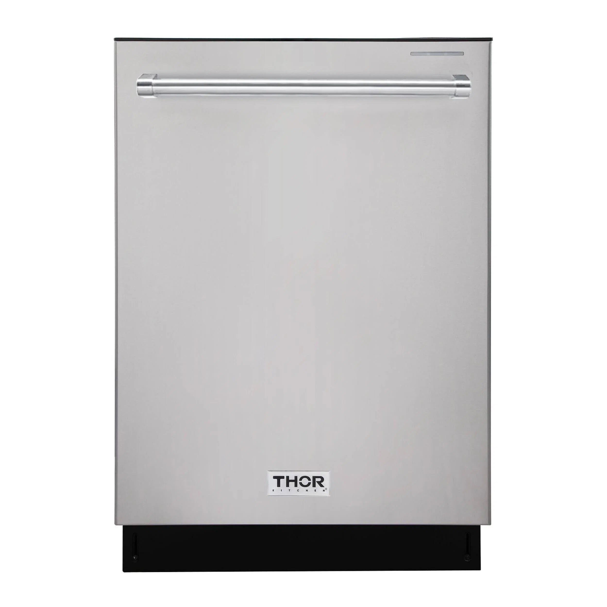 Stainless steel built-in top control dishwasher, front view with THOR logo.