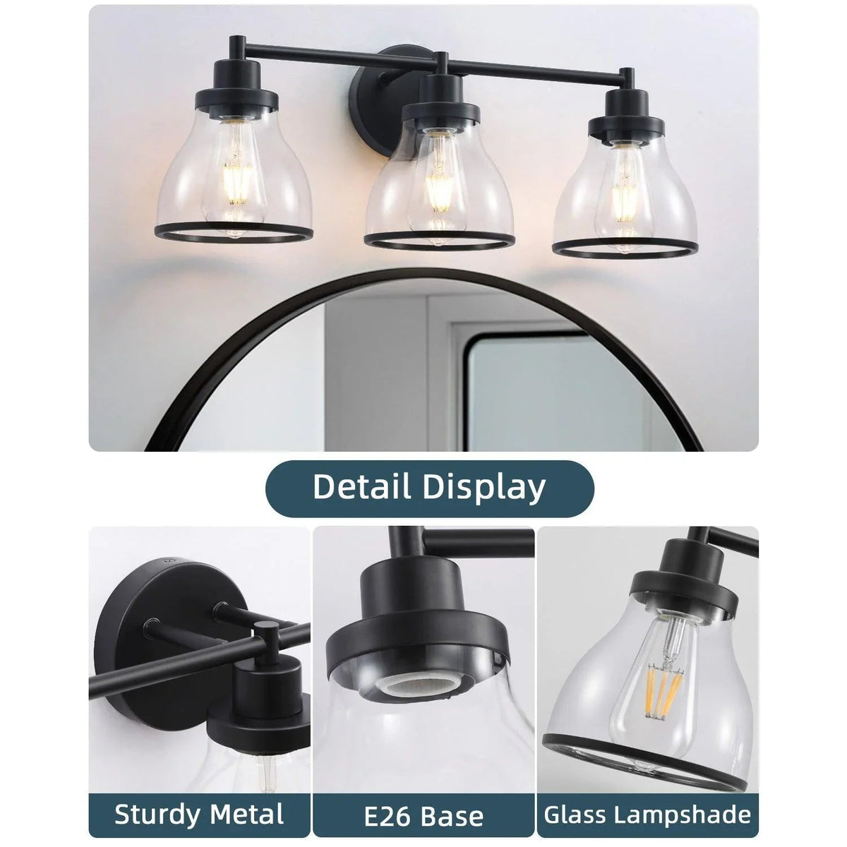 Black 3-light bathroom vanity light with clear glass shades and metal mounting bar