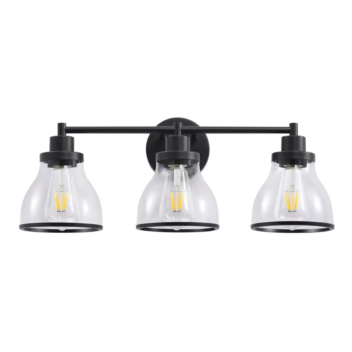 Black 3-light bathroom vanity light with three clear glass shades