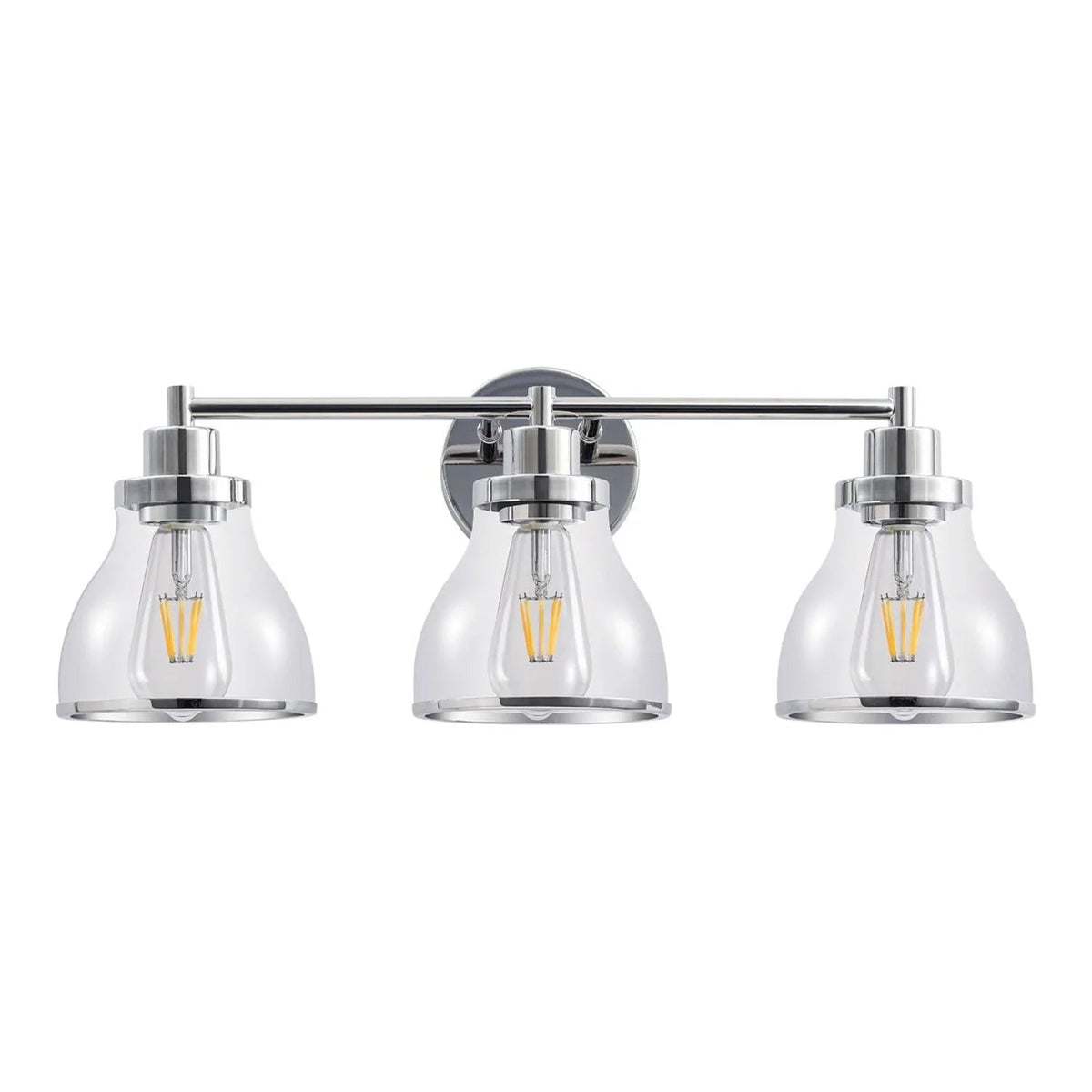 Silver 3-light bathroom vanity light with clear glass shades and chrome-style backplate