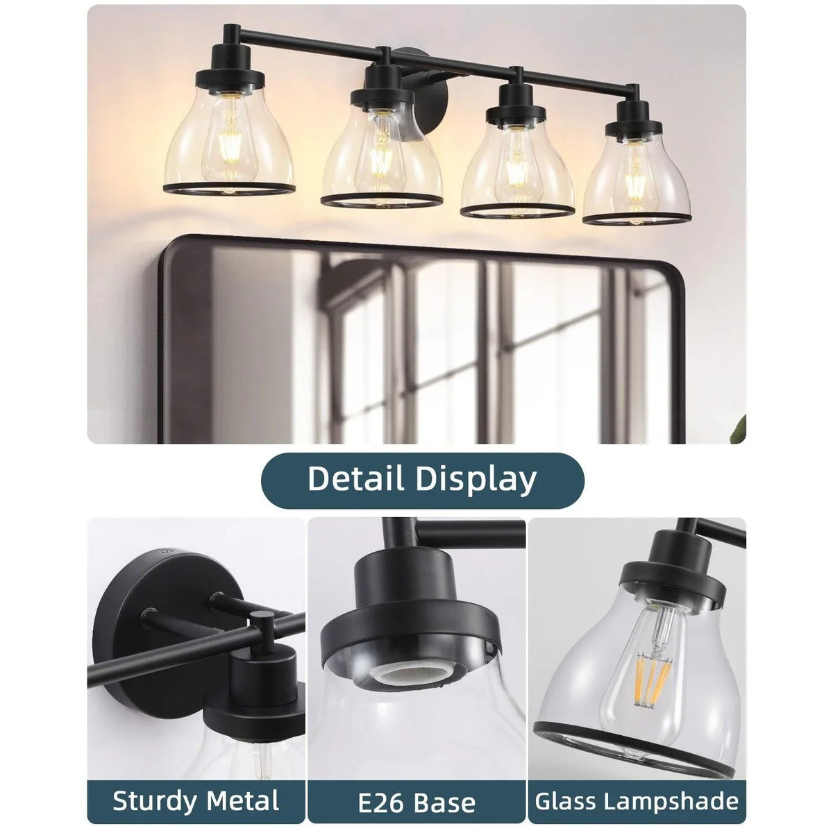 4-light black vanity light with clear glass shades, E26 base, and metal mount