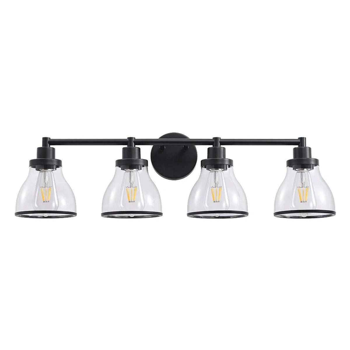 4-light bathroom vanity light with black frame and clear glass bell shades