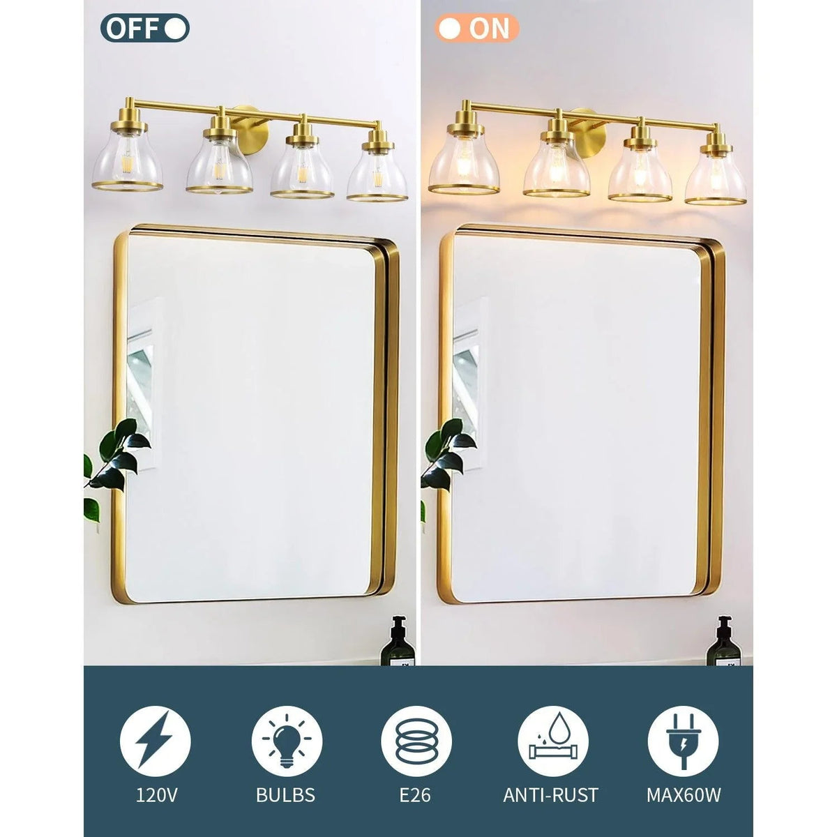 Parrot Uncle Hermosa modern 4-light vanity light with clear glass shades, gold finish