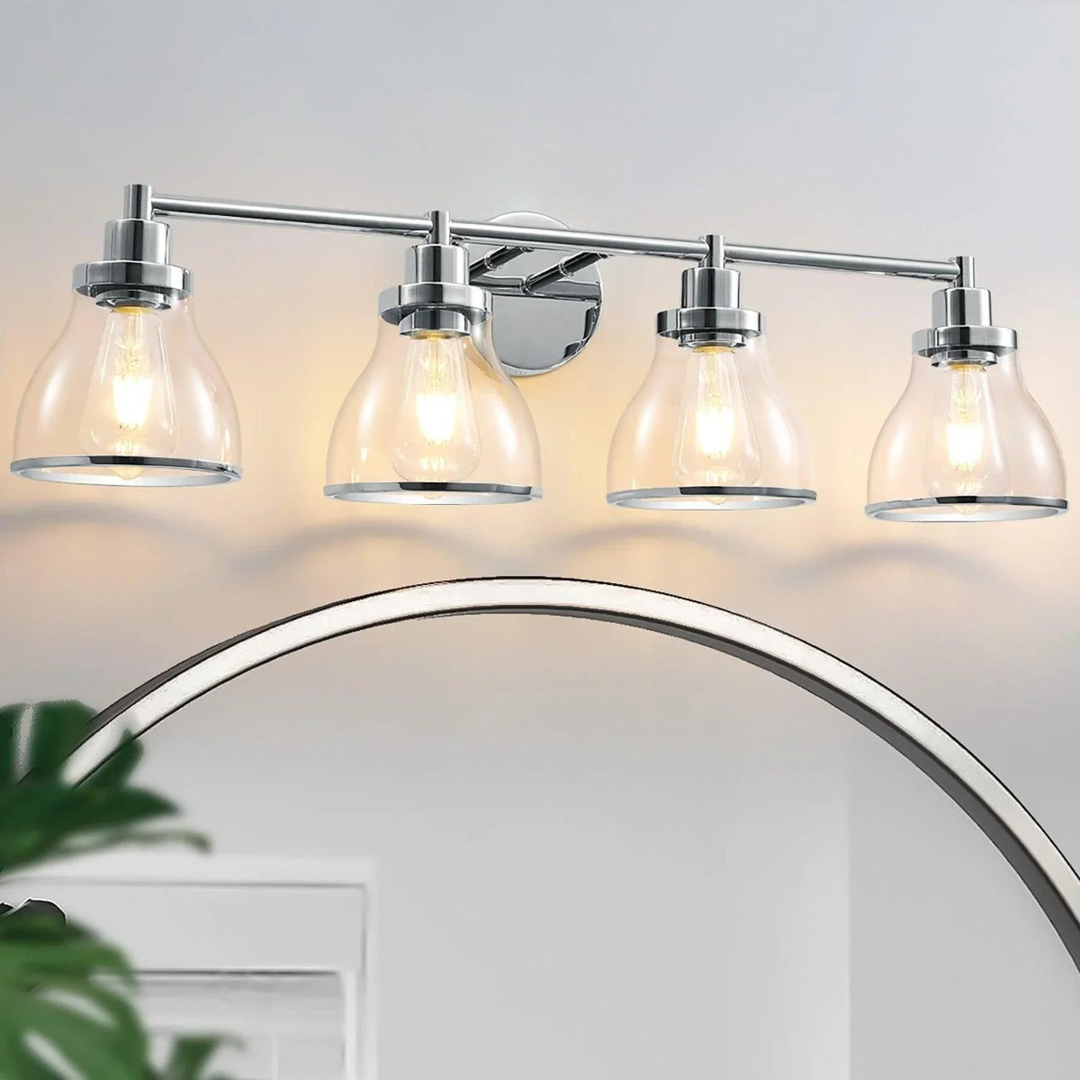 4-light bathroom vanity light with chrome bar and clear glass dome shades