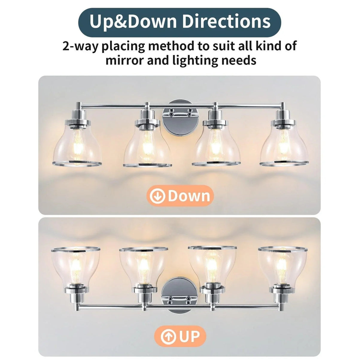 4-light vanity light showing up/down positioning of clear glass shades