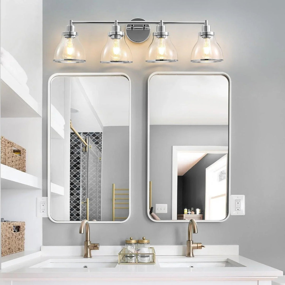 4-light bathroom vanity light with chrome finish and clear glass dome shades