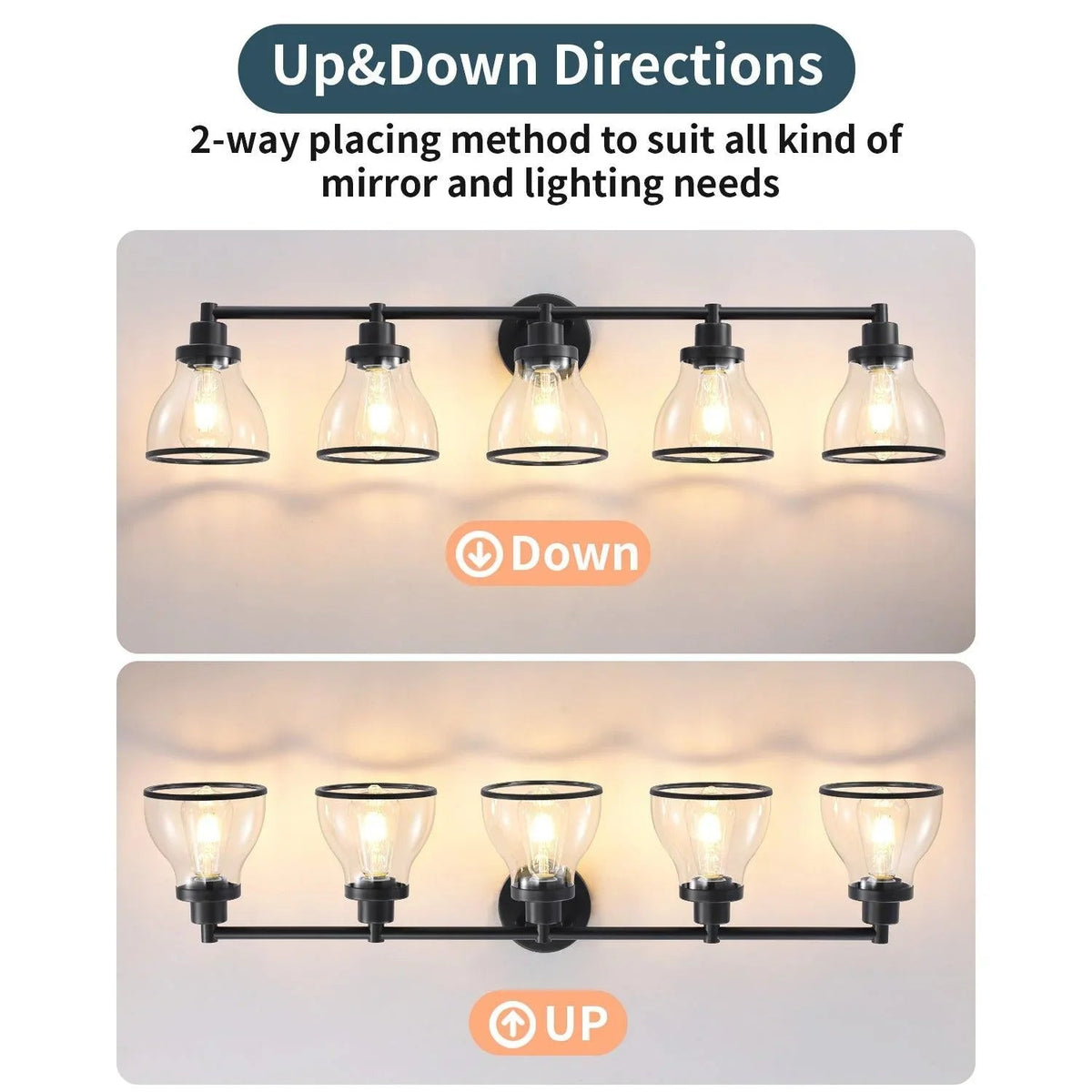 5-light bathroom vanity light showing up and down light directions with black frame