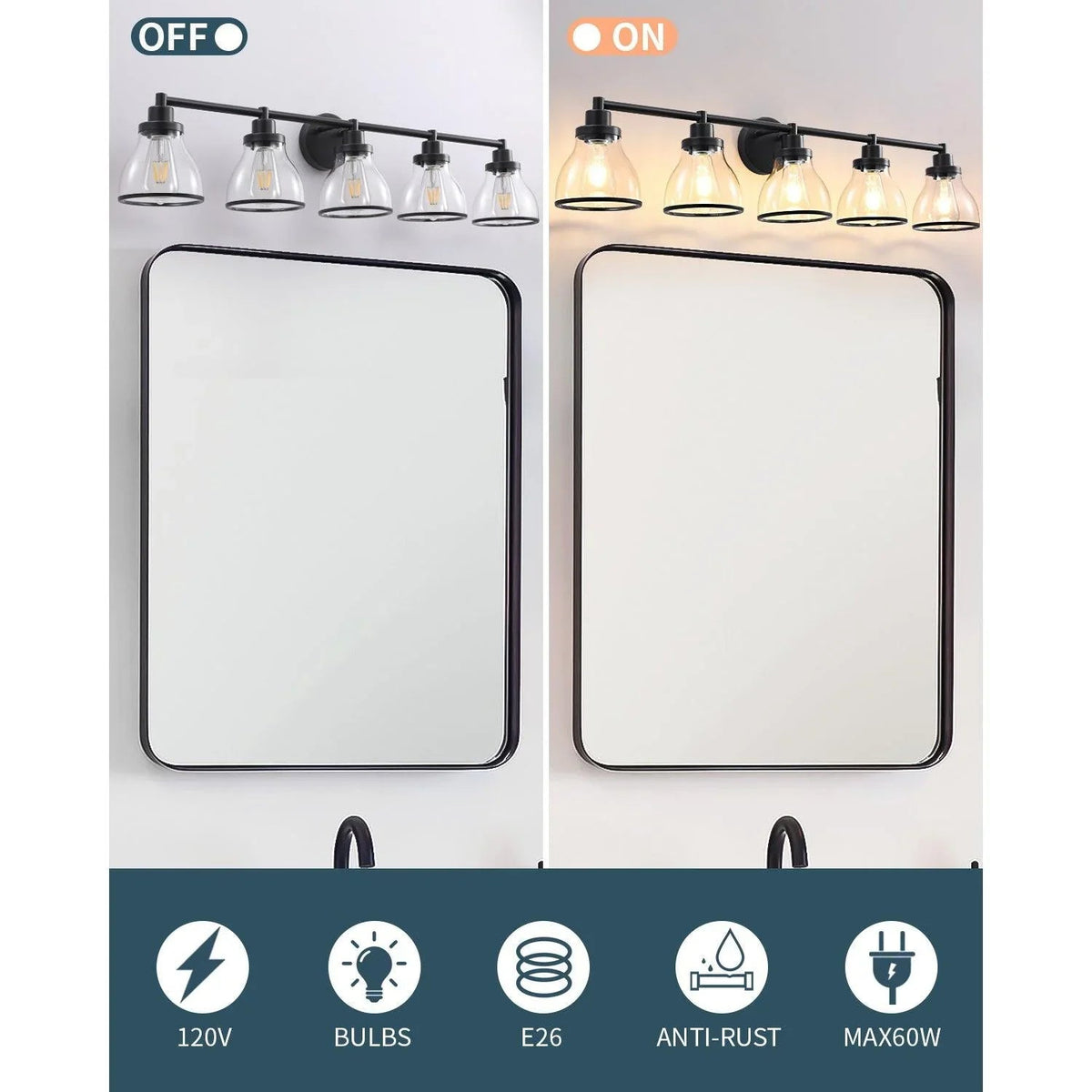 Black 5-light bathroom vanity light with clear glass shades, off and on views