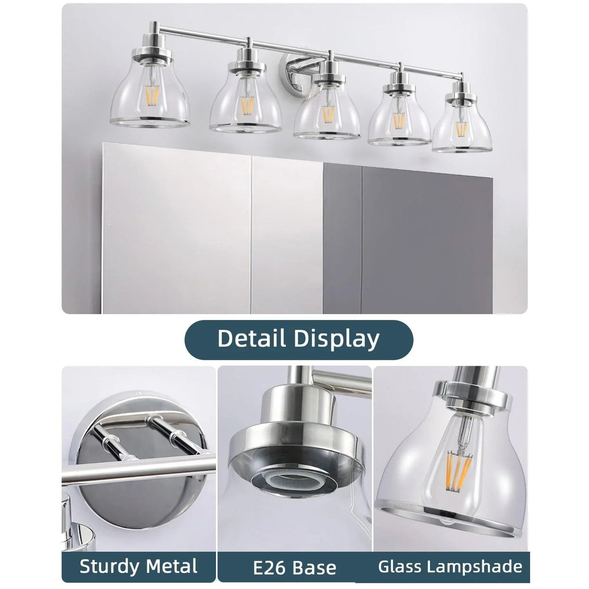 Polished nickel 5-light vanity fixture with clear glass shades and metal backplate