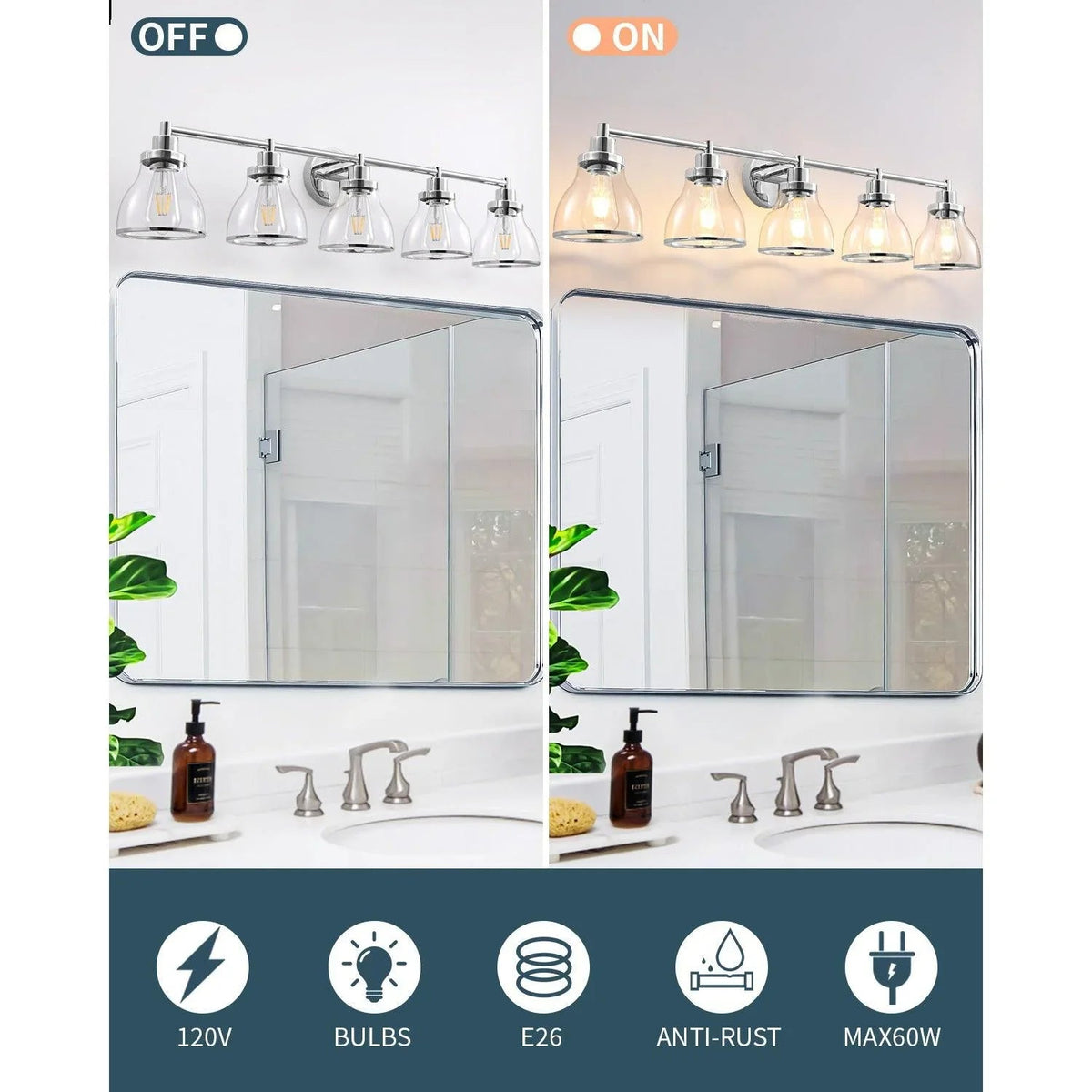 5-light vanity light with polished nickel finish and clear glass bell shades