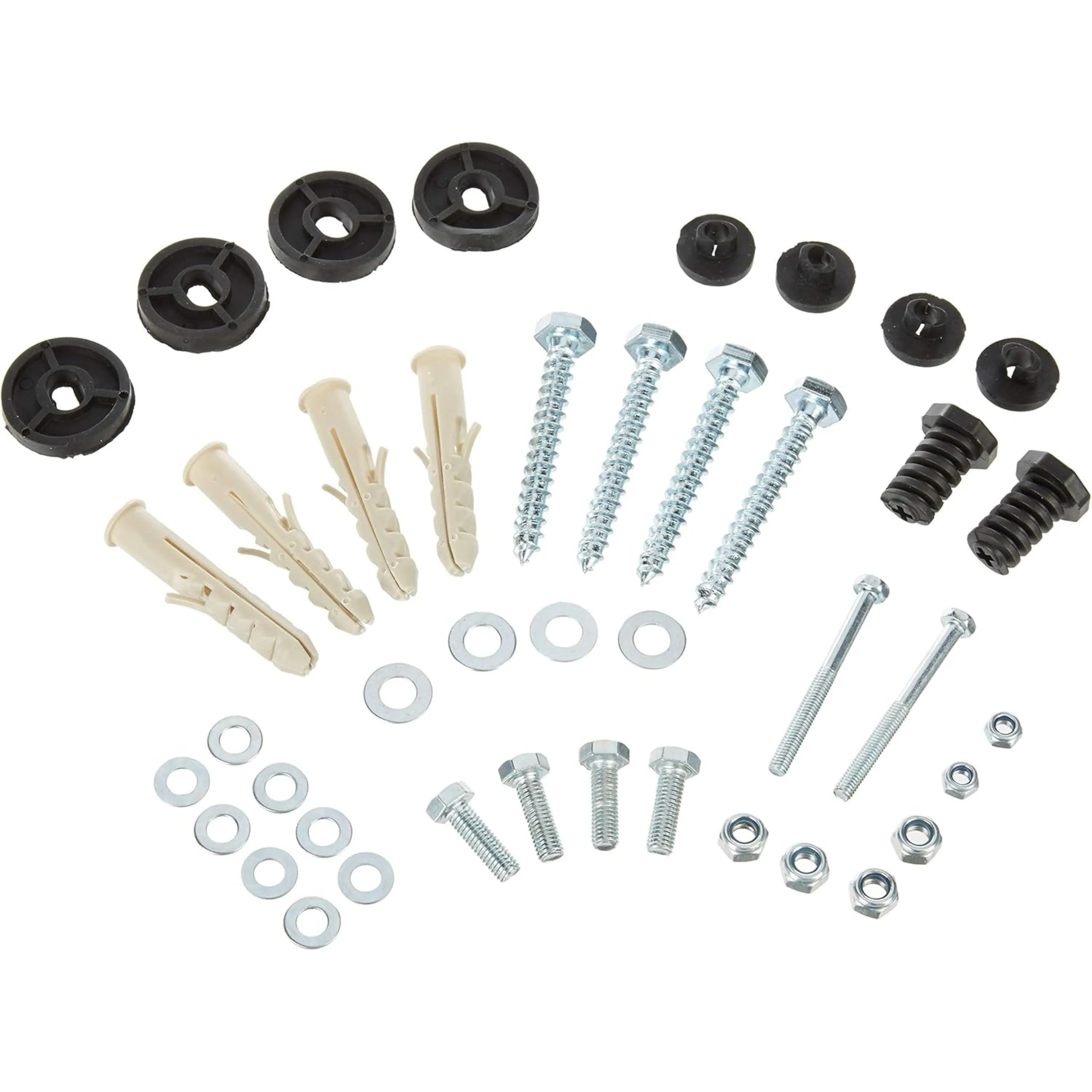 Assorted mounting hardware kit for wall mount bracket: screws, washers, spacers, caps
