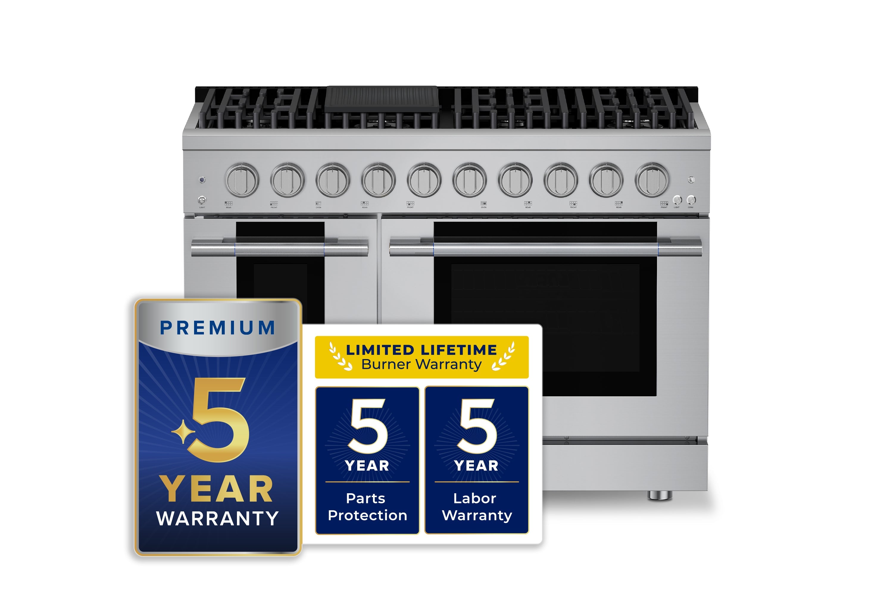 Stainless gas range with 8 burners and convection ovens; front control panel with warranty badges
