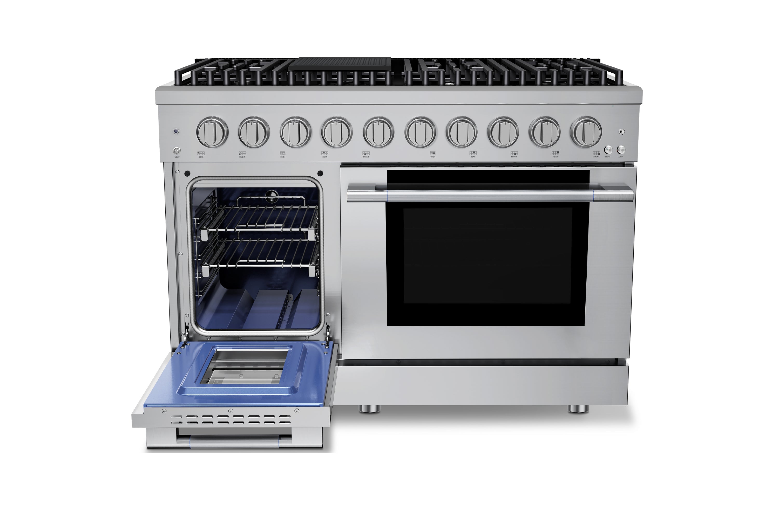 Stainless steel gas range with open storage drawer and left oven door ajar