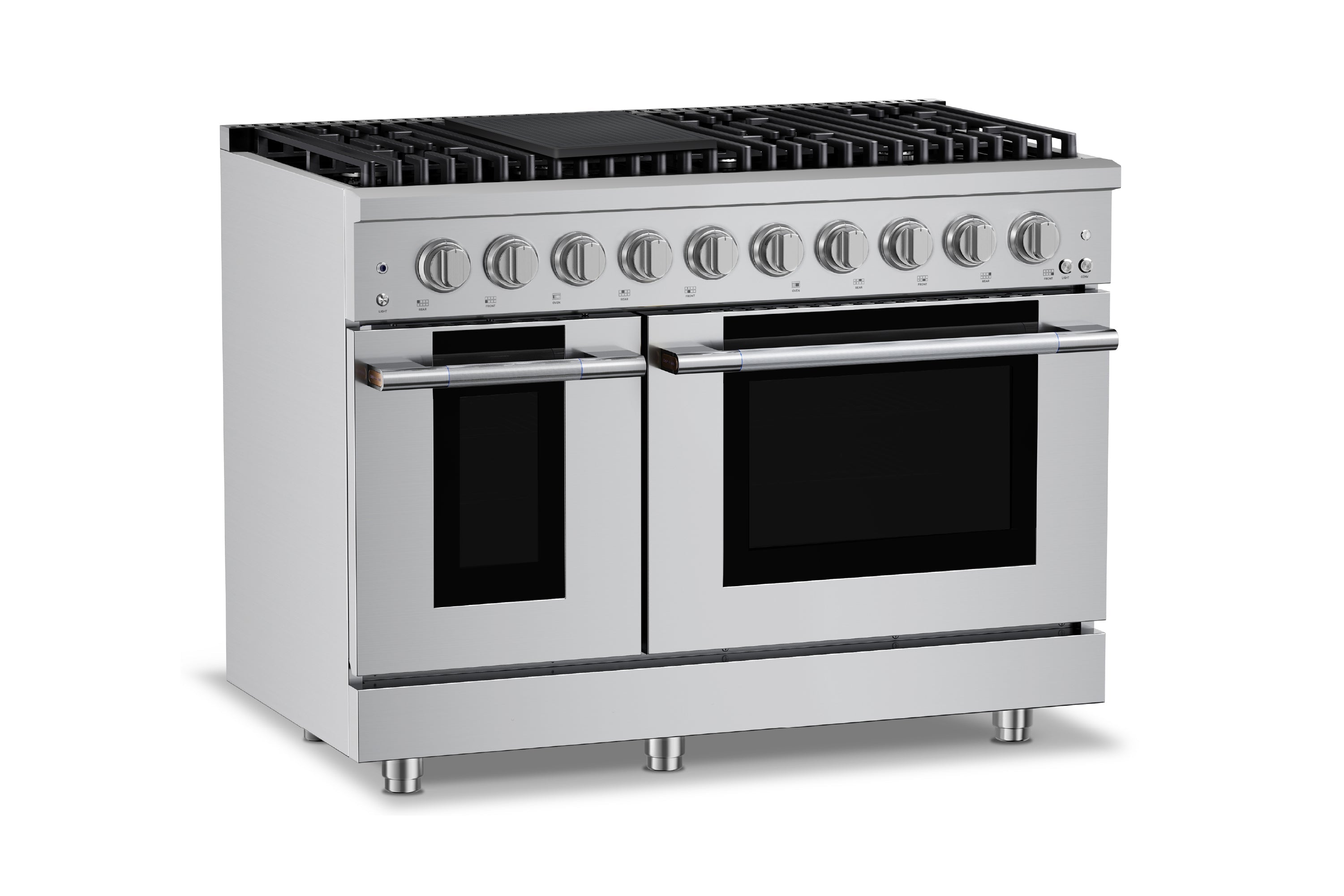 Stainless steel gas range with two glass oven doors and black cooktop grates