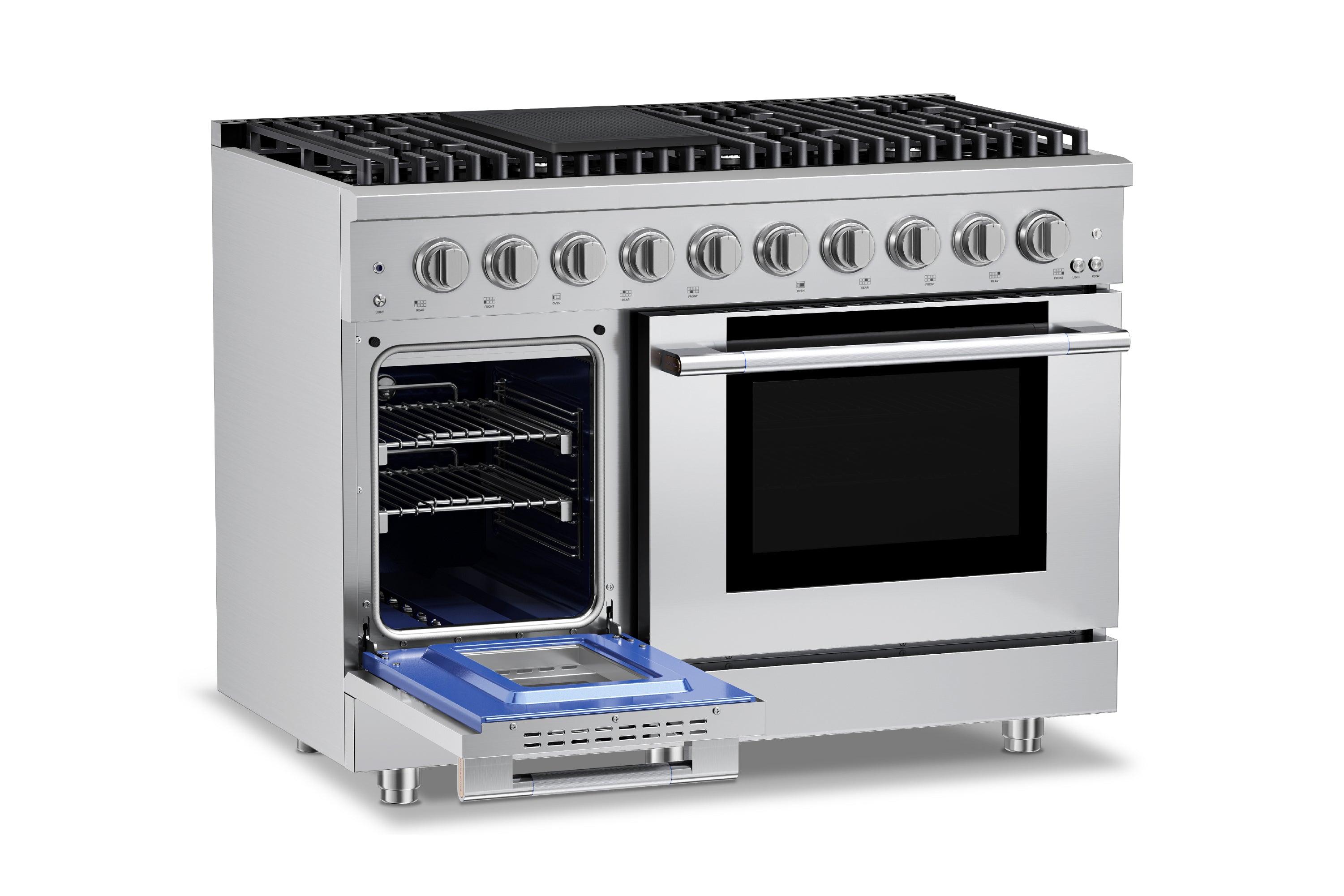 Stainless steel gas range with open left oven door and pull-out oven drawer