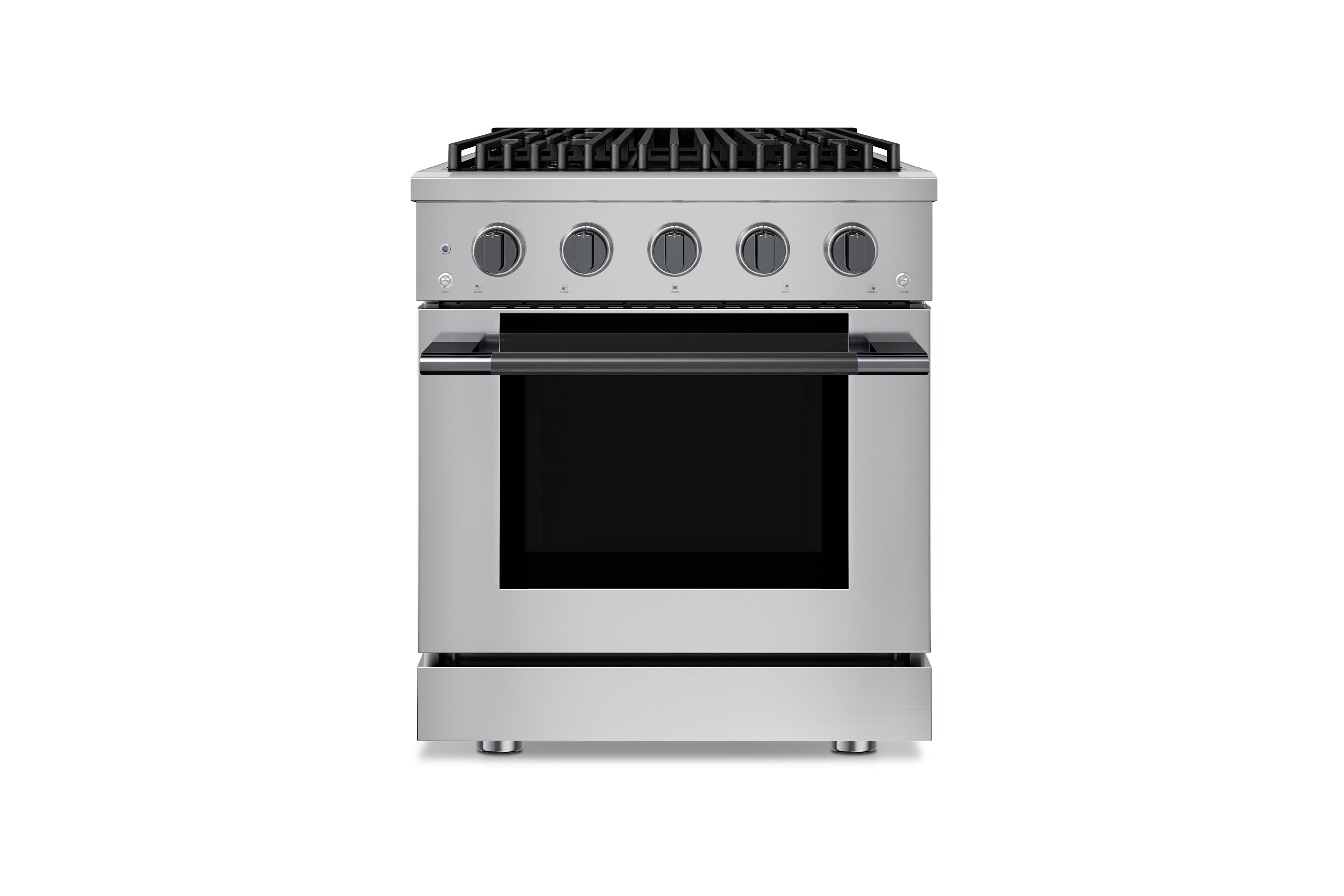 Stainless steel freestanding gas range with 4 burners and convection oven, closed door