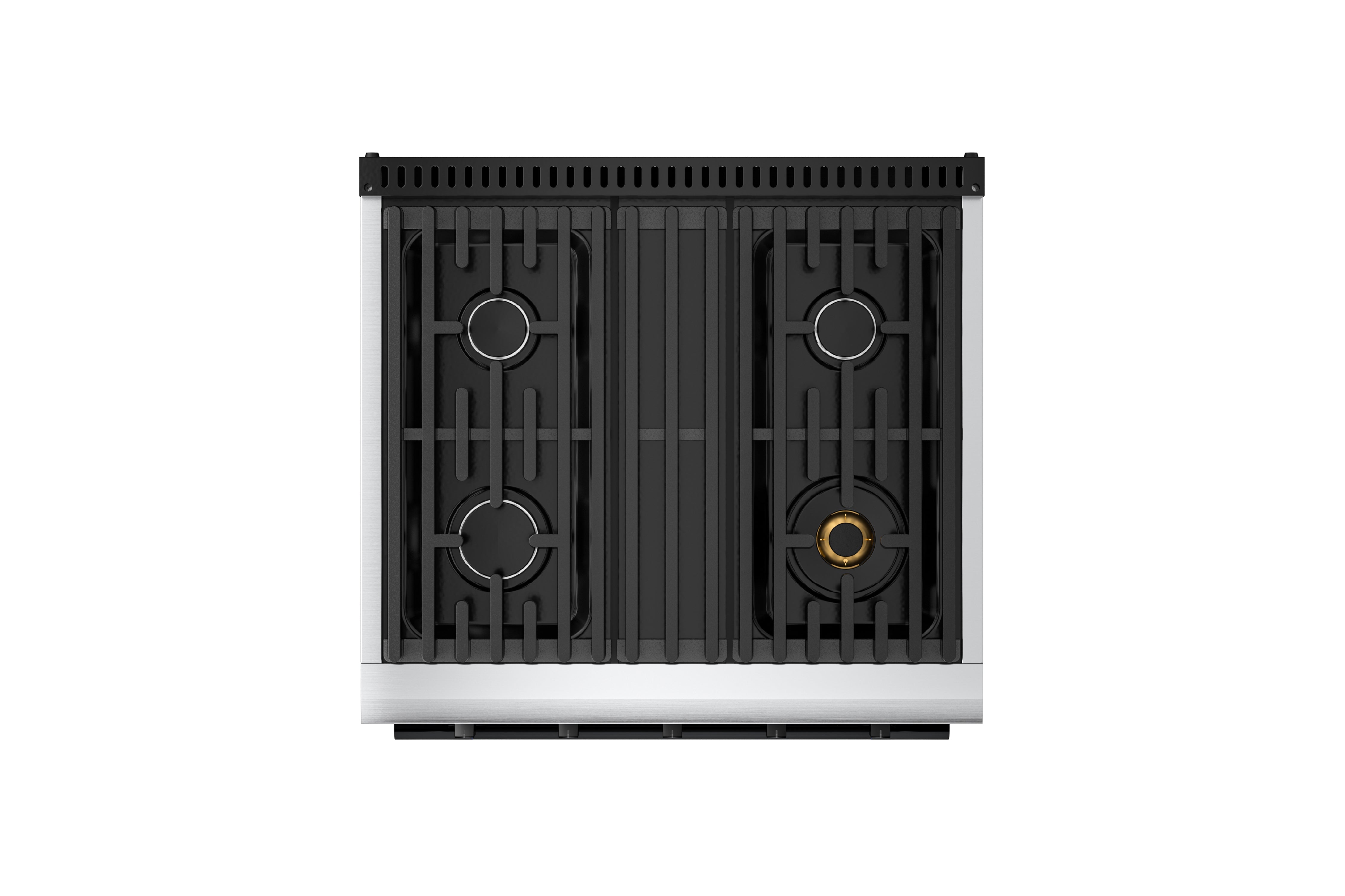 Stainless steel gas range cooktop with four burner grates and recessed cook area