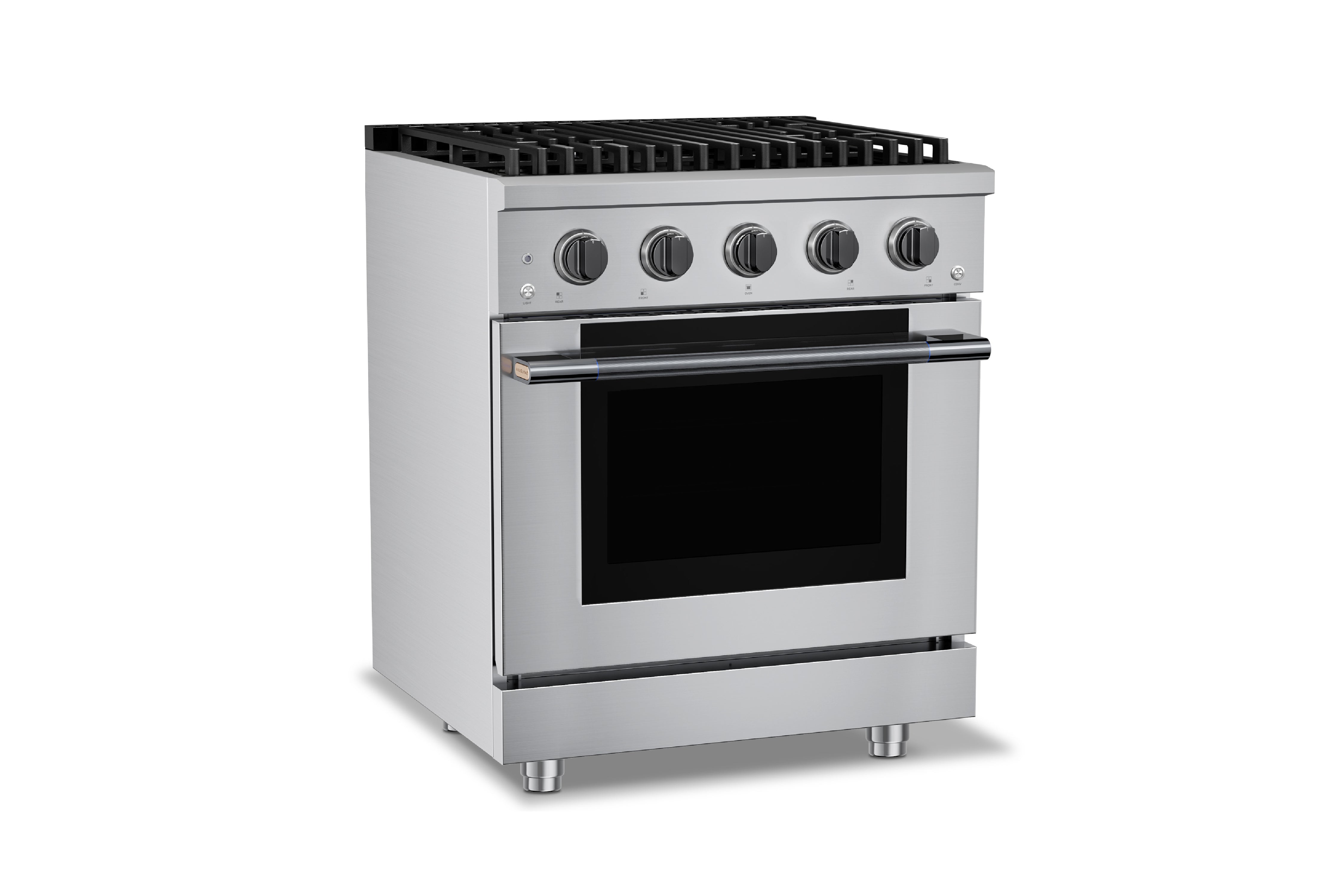 Stainless steel gas range with oven door closed and four top burner knobs