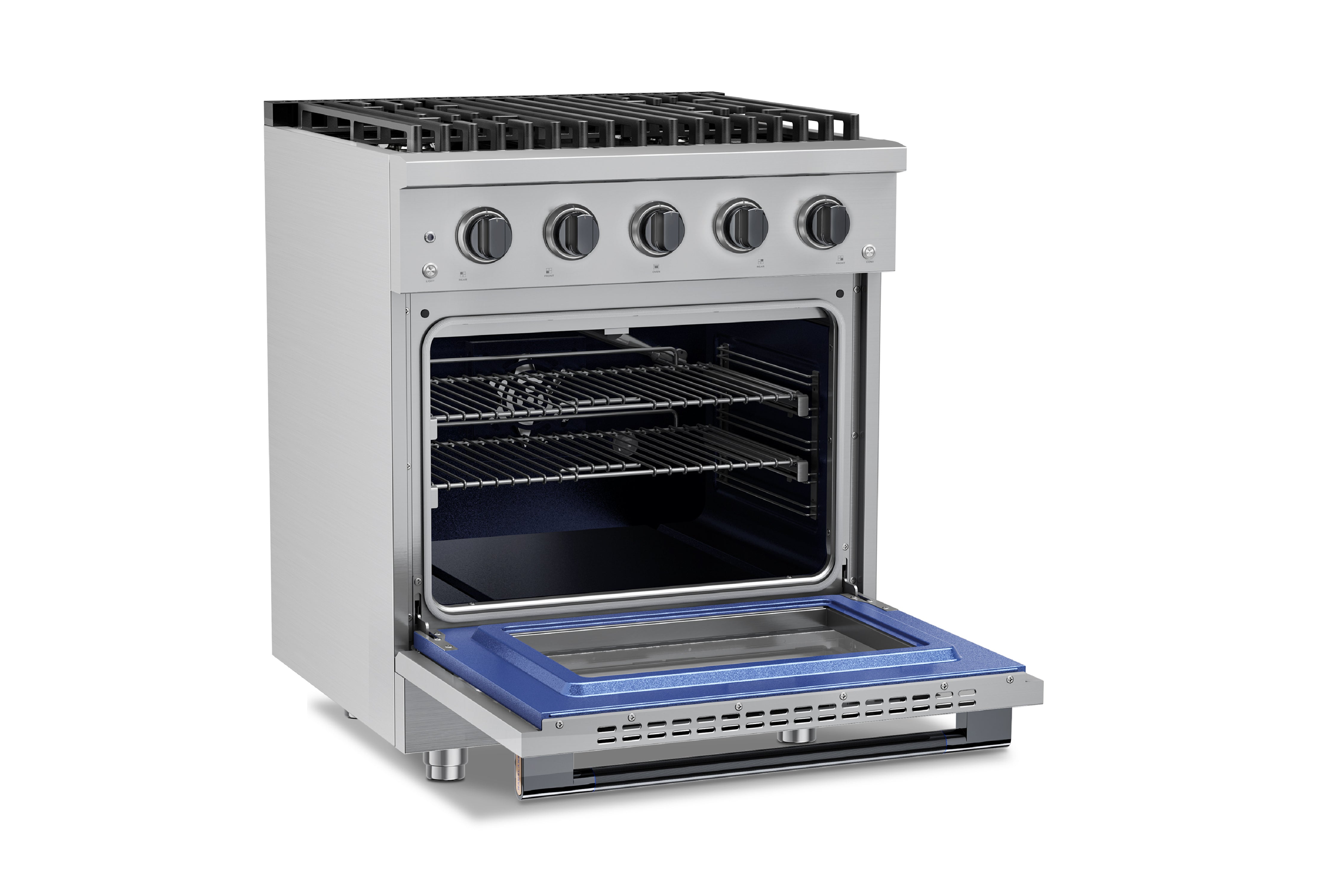 Stainless steel gas range with open convection oven and top burner grates