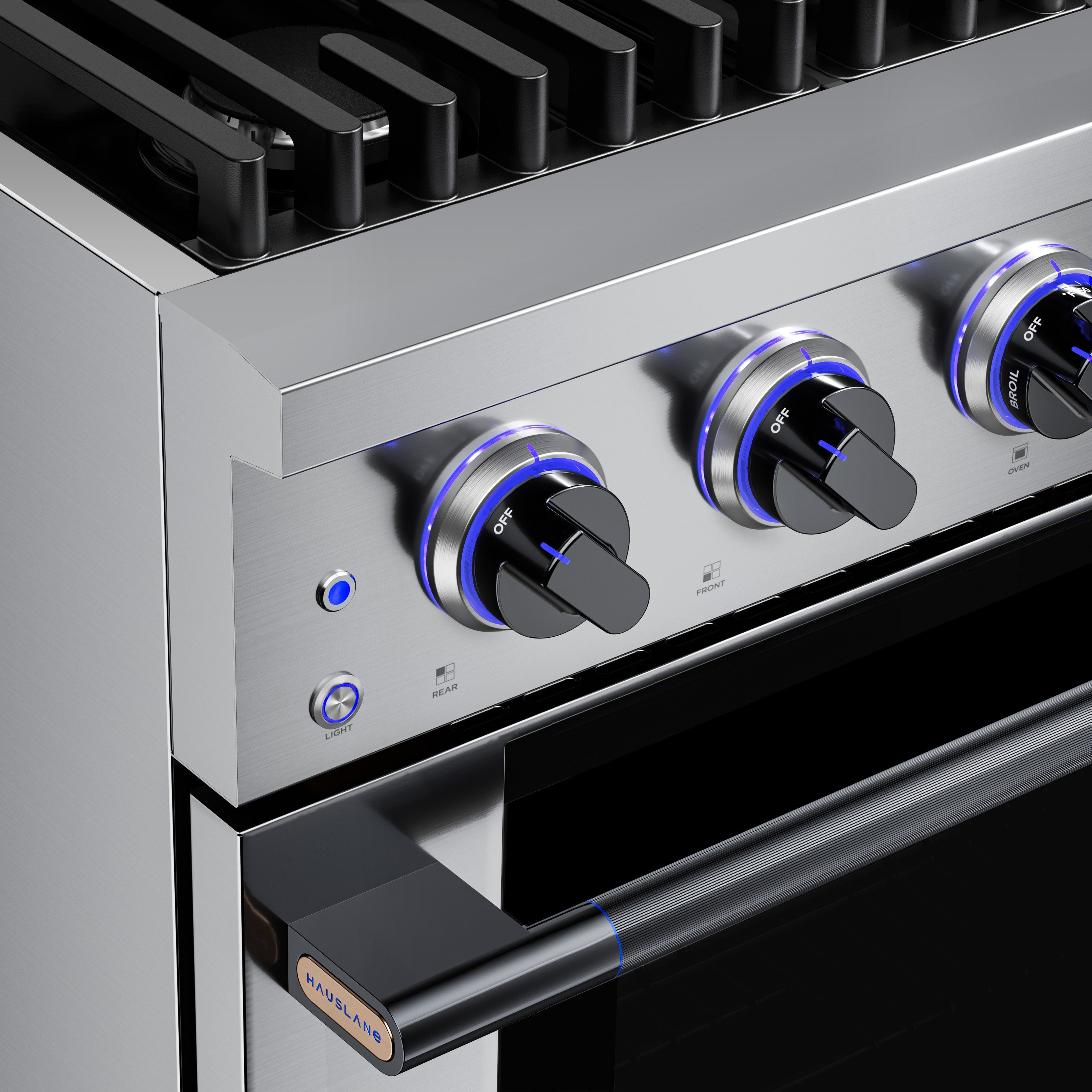 Stainless steel gas range cooktop with four blue-lit knobs and black control panel