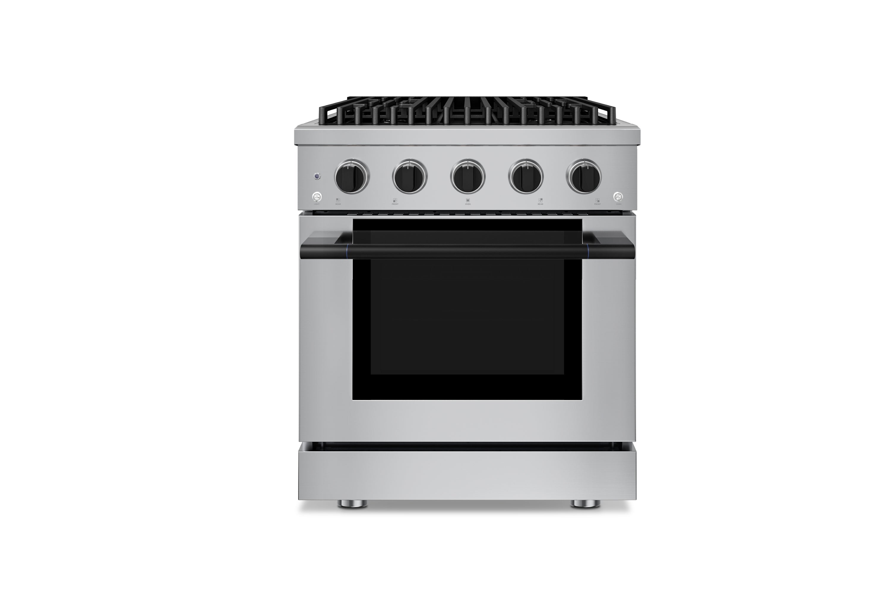 Stainless steel freestanding range with 4 burners and black glass oven door, front view