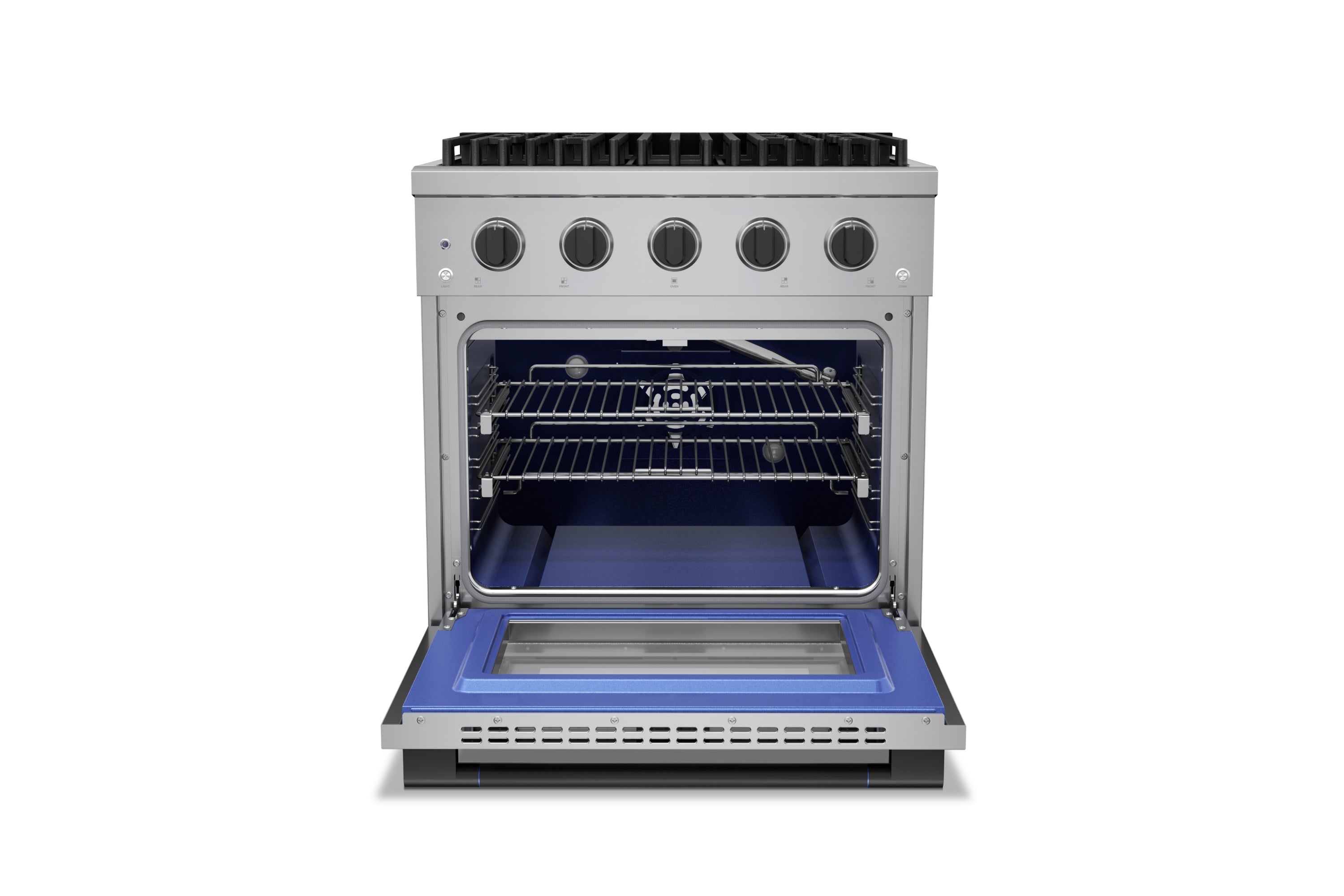 Stainless steel 30-inch range with convection oven open and racks in place