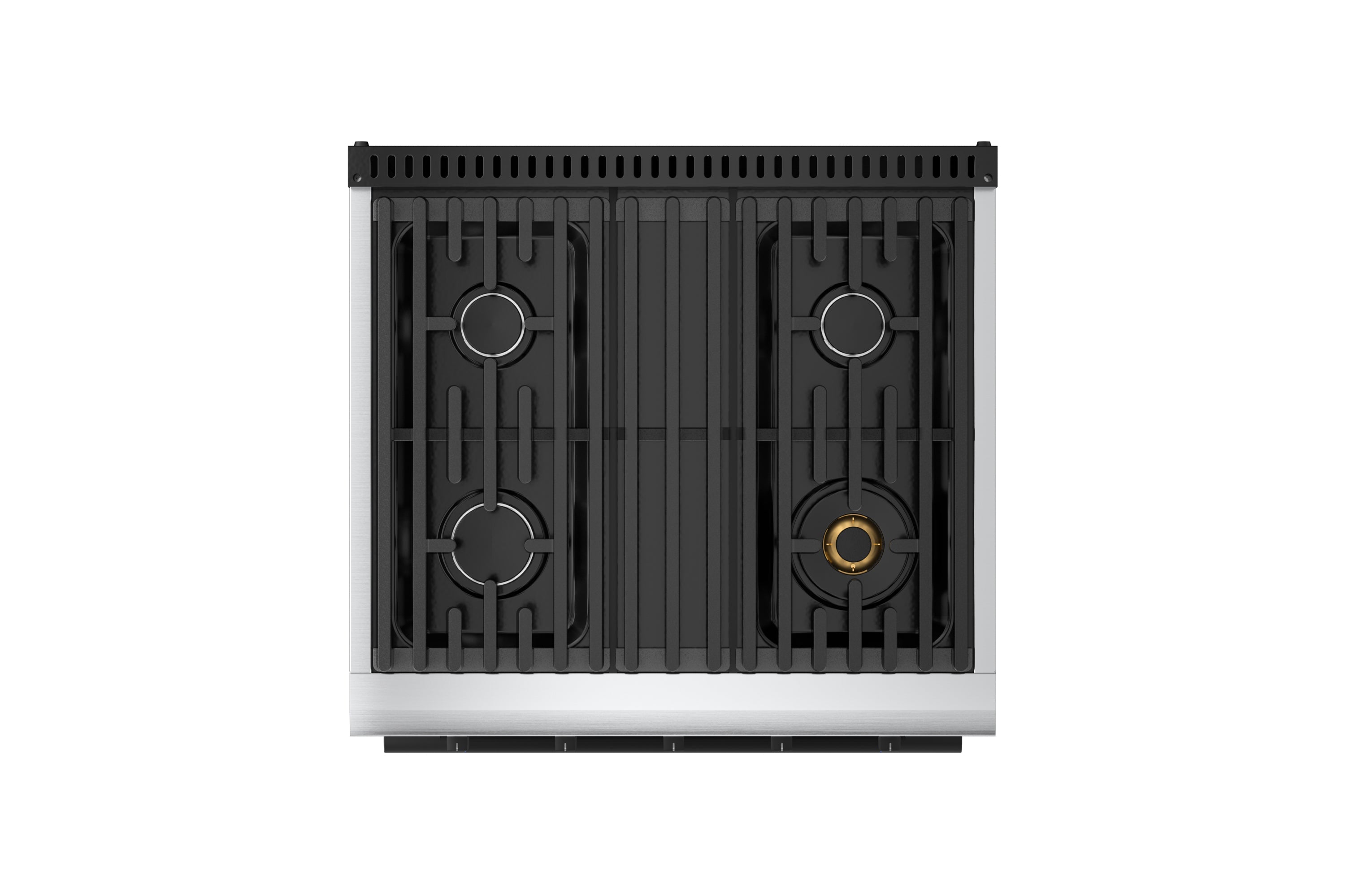 Stainless steel gas range cooktop with four black grates, front control section